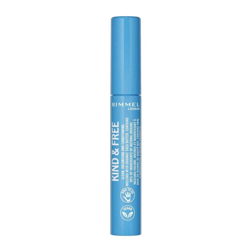 Rimmel Kind & Free Mascara, 02 Braun Schwarz, in blauem Behälter mit aufgesetztem Deckel.