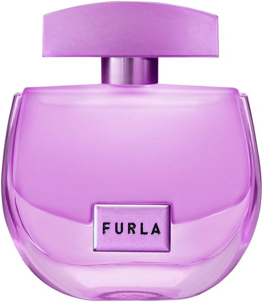 Flakon von Furla Mistica EdP Nat. Spray. Lila Glasflakon mit silbernem Verschluss und rechteckigem Label mit Furla-Schriftzug.