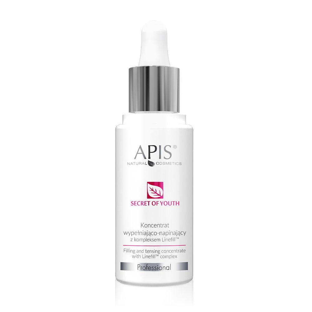 Weiße Flasche mit Pipette. Aufschrift: APIS SECRET OF YOUTH. Pinkes Logo. Text: Konzentrat. Professional.