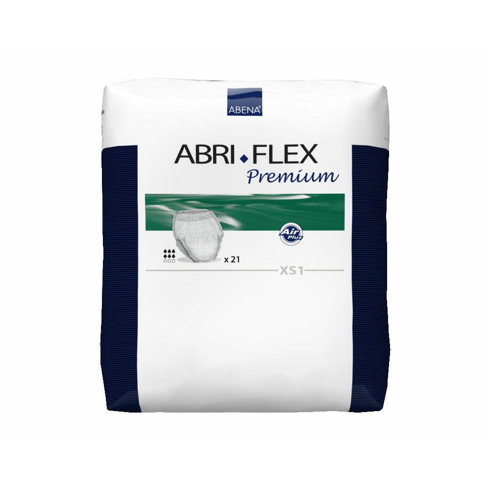 Abena Abri-Flex Premium XS1. Weiße Verpackung mit Produktabbildung. Marke und Produktbezeichnung deutlich sichtbar.