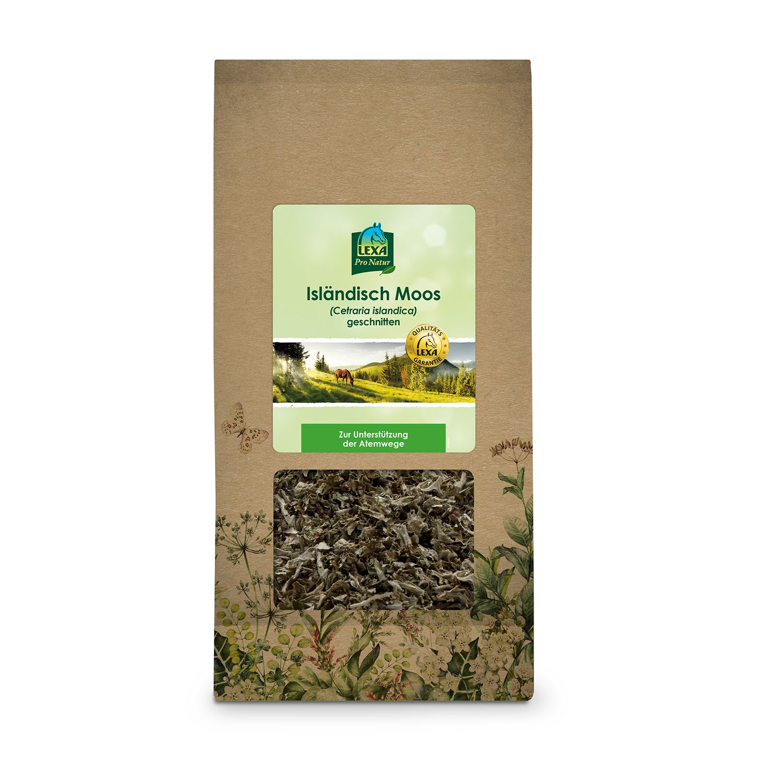 Beutel mit LEXA Isländisch Moos. Braune Verpackung mit grünem Etikett und Produktbezeichnung. Sichtbares Produkt im unteren Bereich.