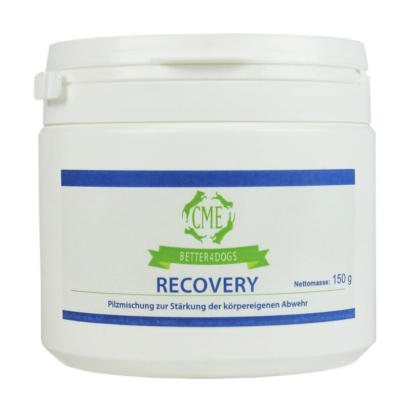 Weiße Dose mit blauem und grünem Etikett. Aufschrift "CME BETTER 4 DOGS RECOVERY". Nettomasse: 150 g.