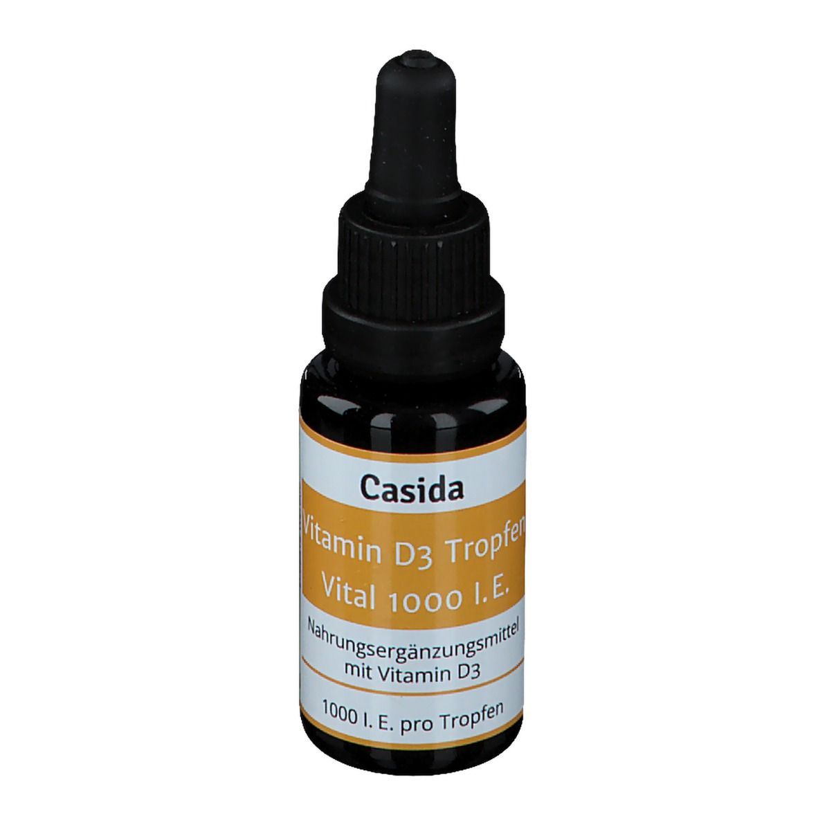Braune Glasflasche mit schwarzem Tropfer. Aufschrift: Casida Vitamin D3 Tropfen Vital 1000 I.E. Nahrungsergänzungsmittel.