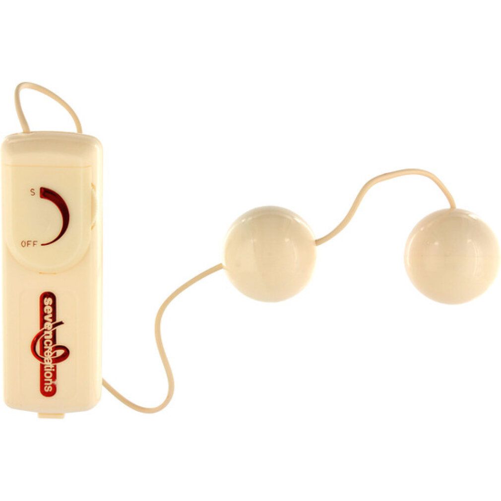 Duo-Bälle mit Steuergerät. Creme-farbene Kugeln, verbunden mit einem Kabel. Steuergerät mit Drehregler und Aufschrift.