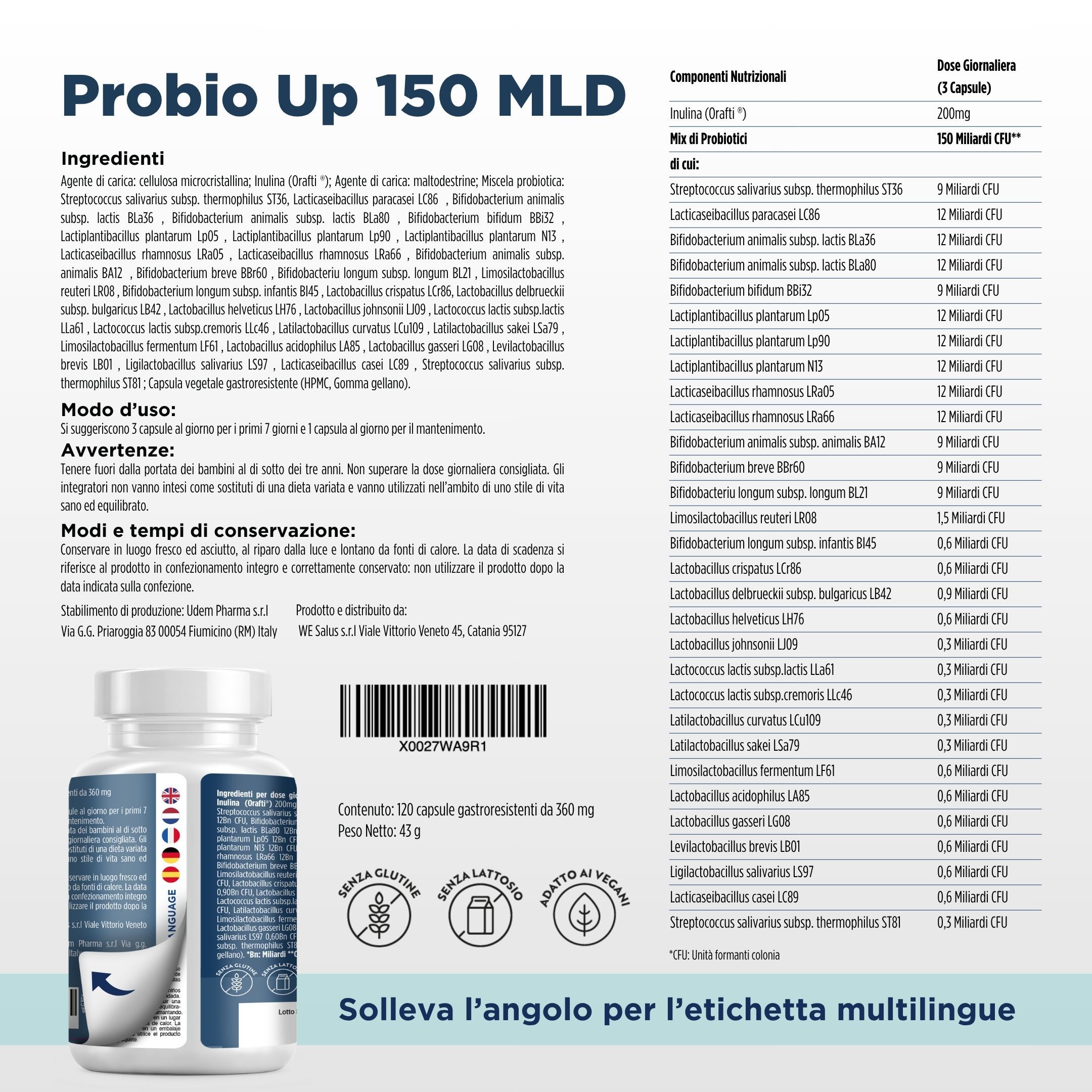 Flasche mit Probiotika, daneben eine mehrsprachige Etikettenübersicht.