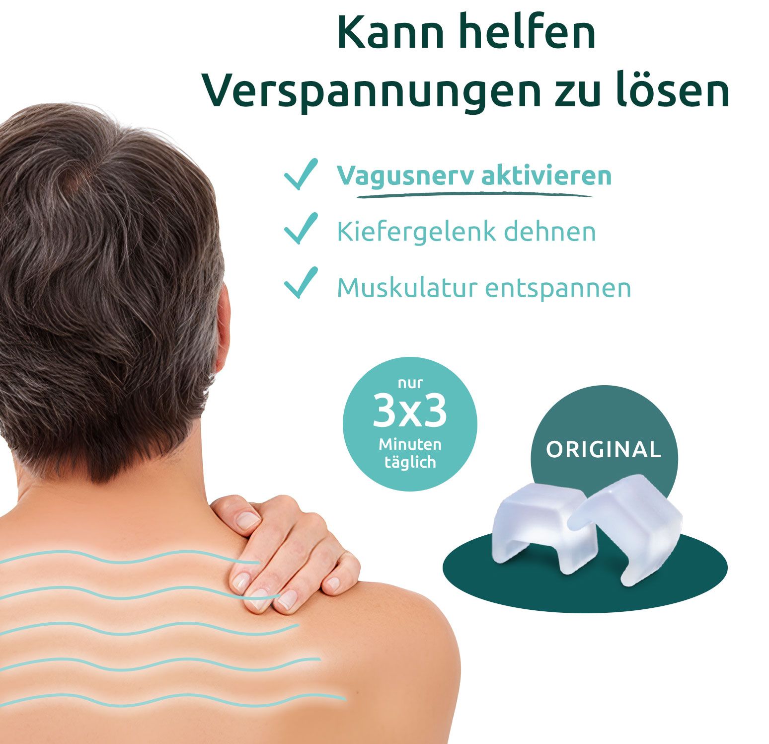 Rücken einer Person mit blauen Linien. Zwei weiße, U-förmige Produkte. Text: "3x3 Minuten täglich". Aufschrift "ORIGINAL".