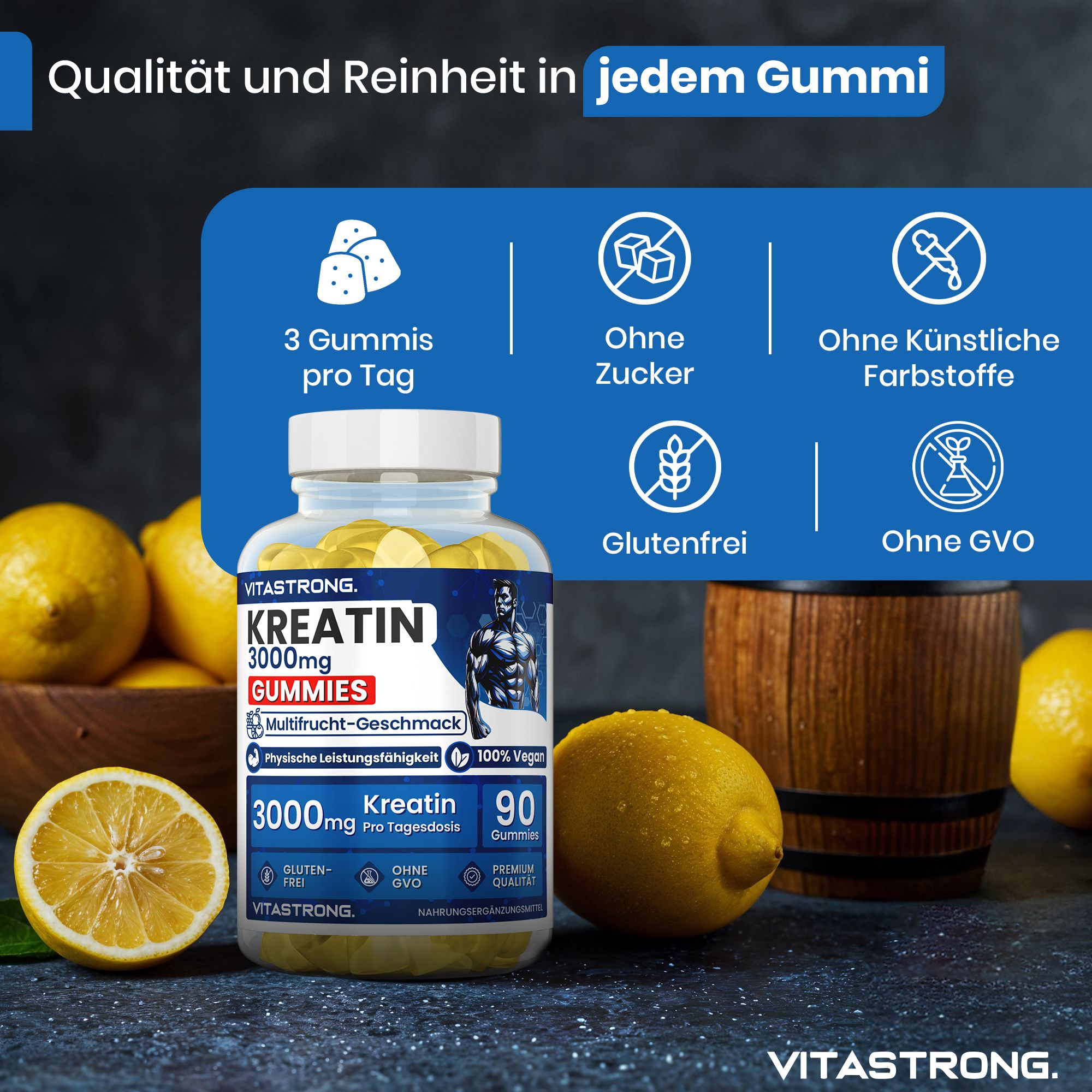 Kreatin-Gummis in einer Flasche, umgeben von Zitronen. Text: 3 Gummis pro Tag, zuckerfrei, glutenfrei.