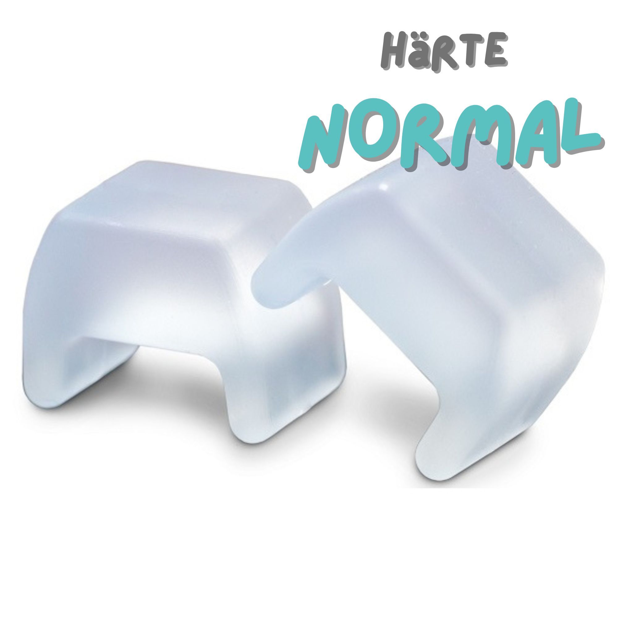 Zwei durchsichtige, quadratische Objekte mit abgerundeten Kanten. Text: HÄRTE NORMAL.