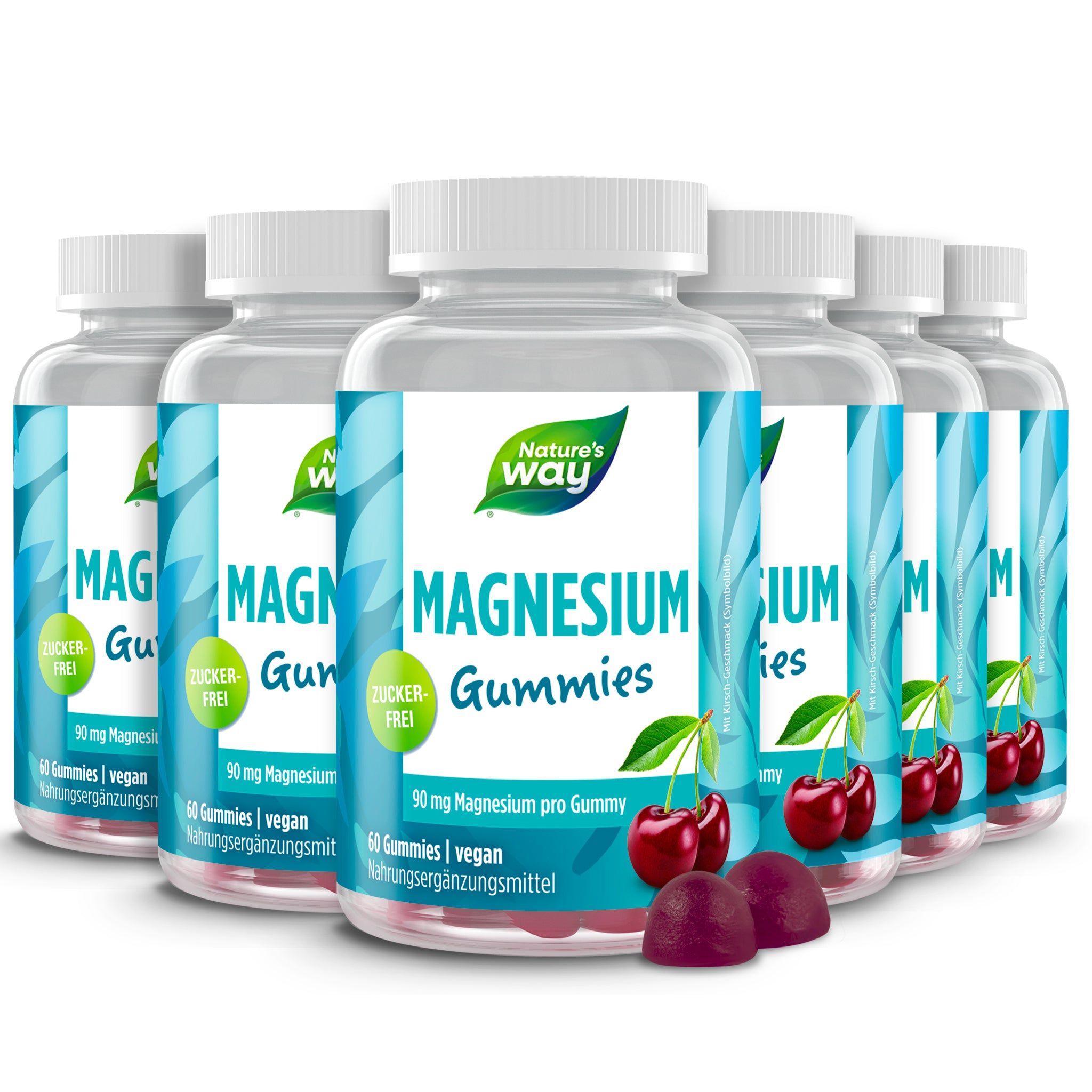 Sechs Flaschen Nature's Way Magnesium Gummies. Jede Flasche enthält 60 Gummies. Aufschrift: Zuckerfrei, 90 mg Magnesium pro Gummie.