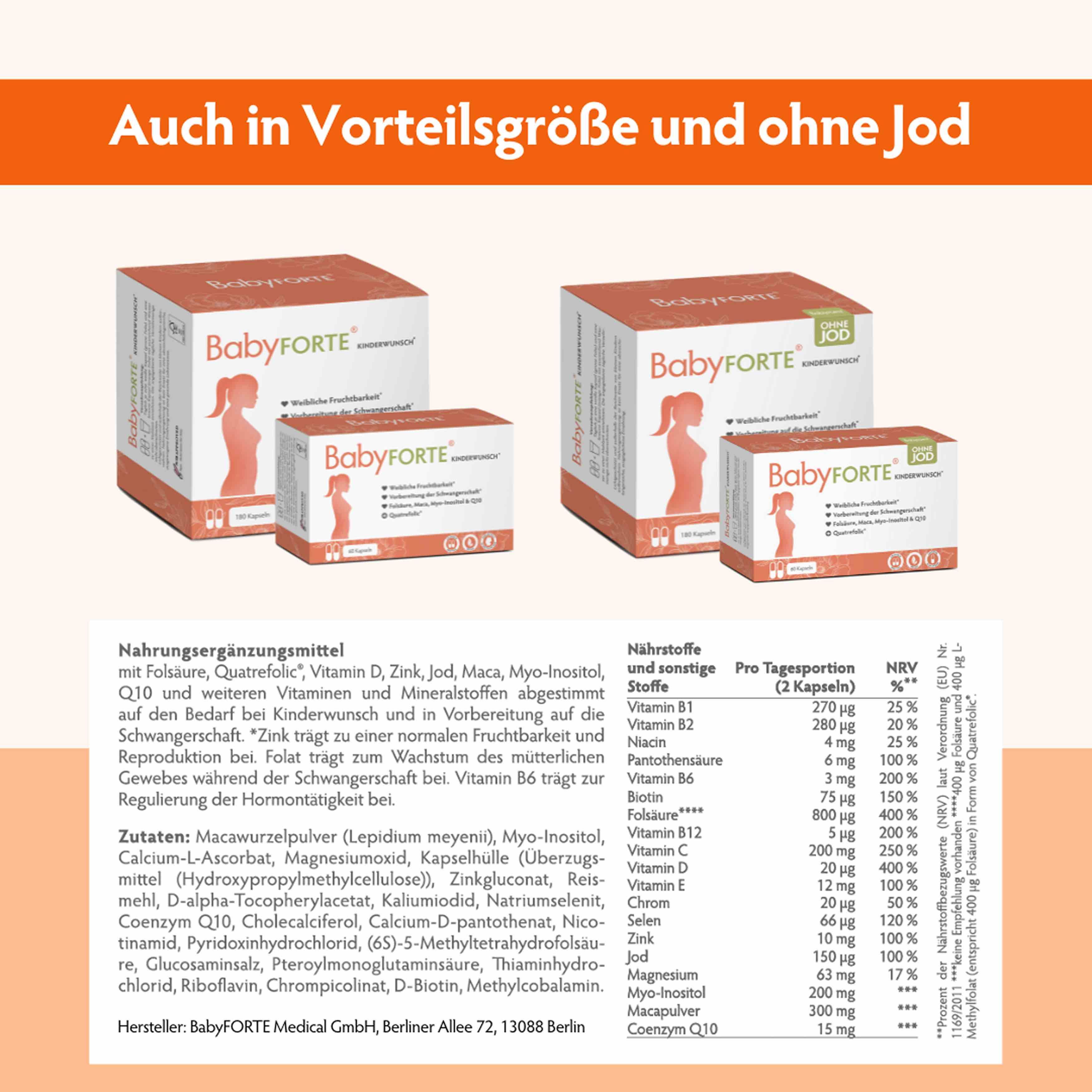Mehrere BabyFORTE-Packungen. Text: Nahrungsergänzungsmittel, Inhaltsstoffe, Nährwerte. Ohne Jod. Tabellen mit Nährstoffangaben. BabyFORTE Medical GmbH.