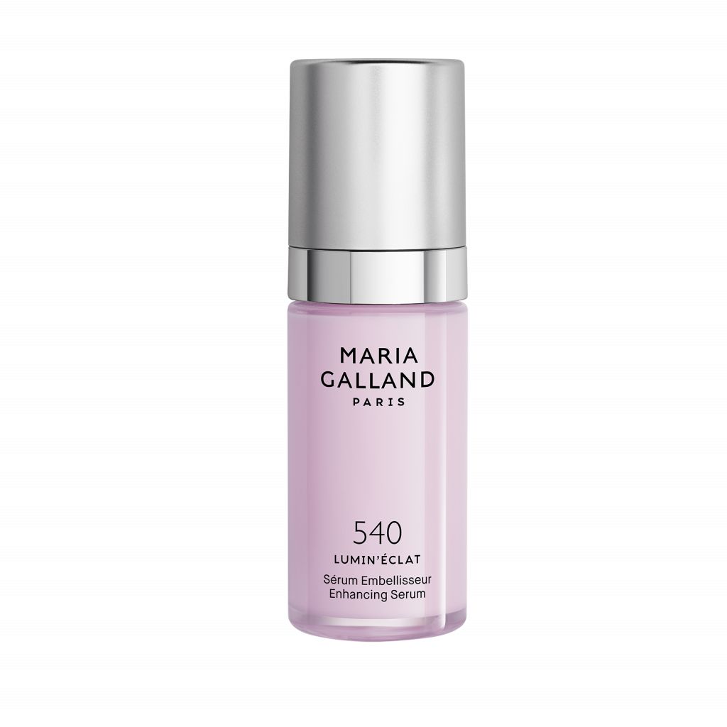Rosa Flasche mit silbernem Deckel. Beschriftung: Maria Galland Paris, 540 LUMIN'ÉCLAT, Sérum Embellisseur, Enhancing Serum.