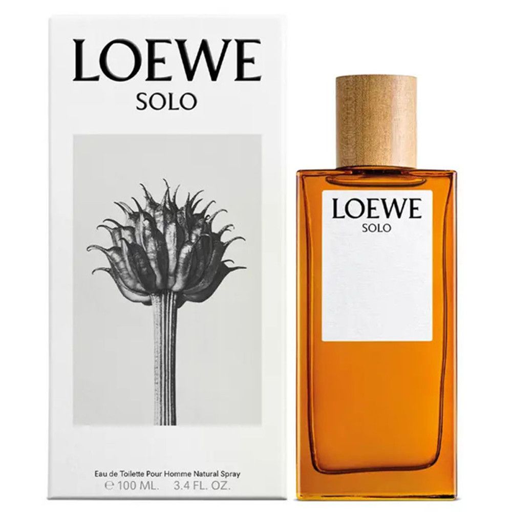 Loewe Solo Pour Homme Edt Spray Flakon und Verpackung. Rechteckiger Flakon mit Holzdeckel. Verpackung mit Logo und floralem Motiv.