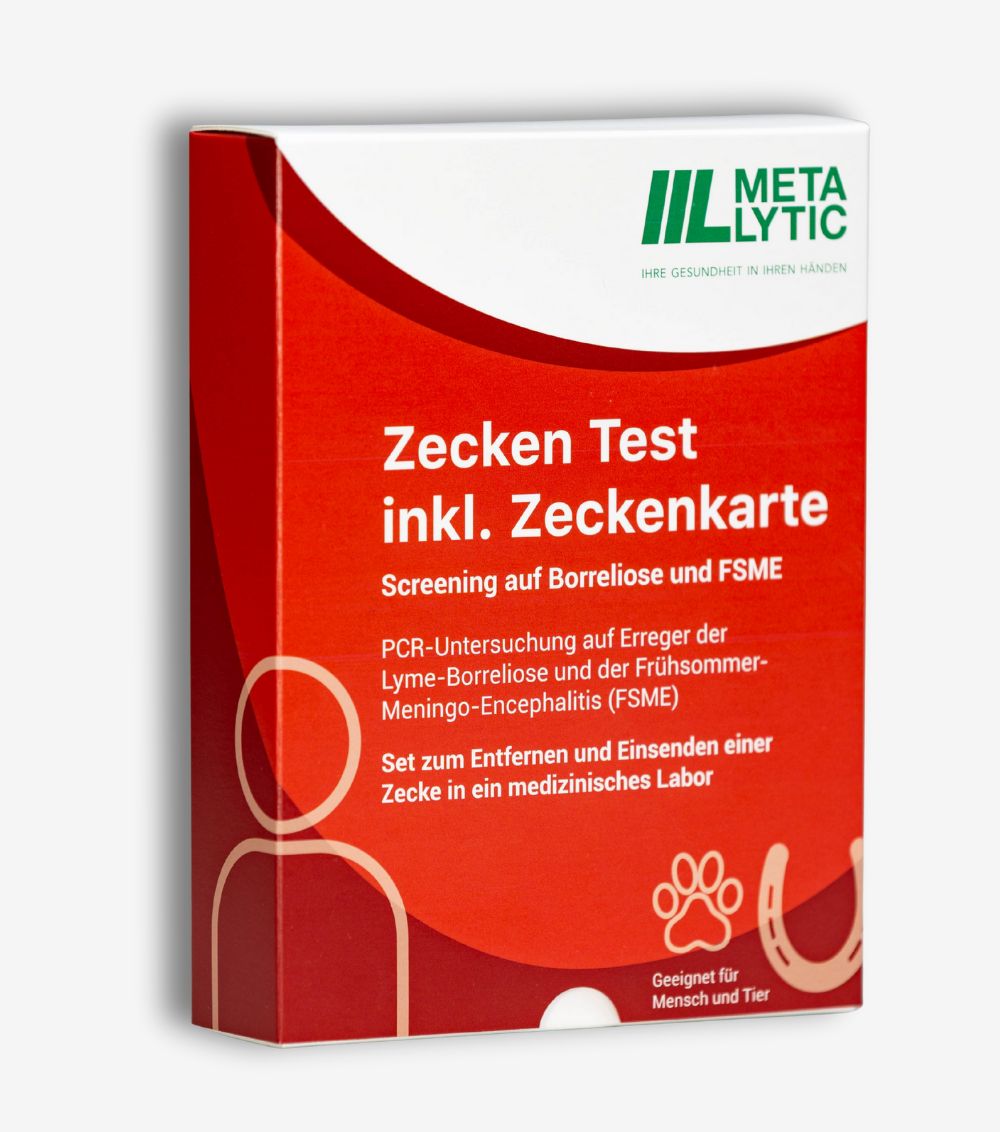 Rote Verpackung mit Text: Zecken Test inkl. Zeckenkarte. Logo MetaLytic. Geeignet für Mensch und Tier.