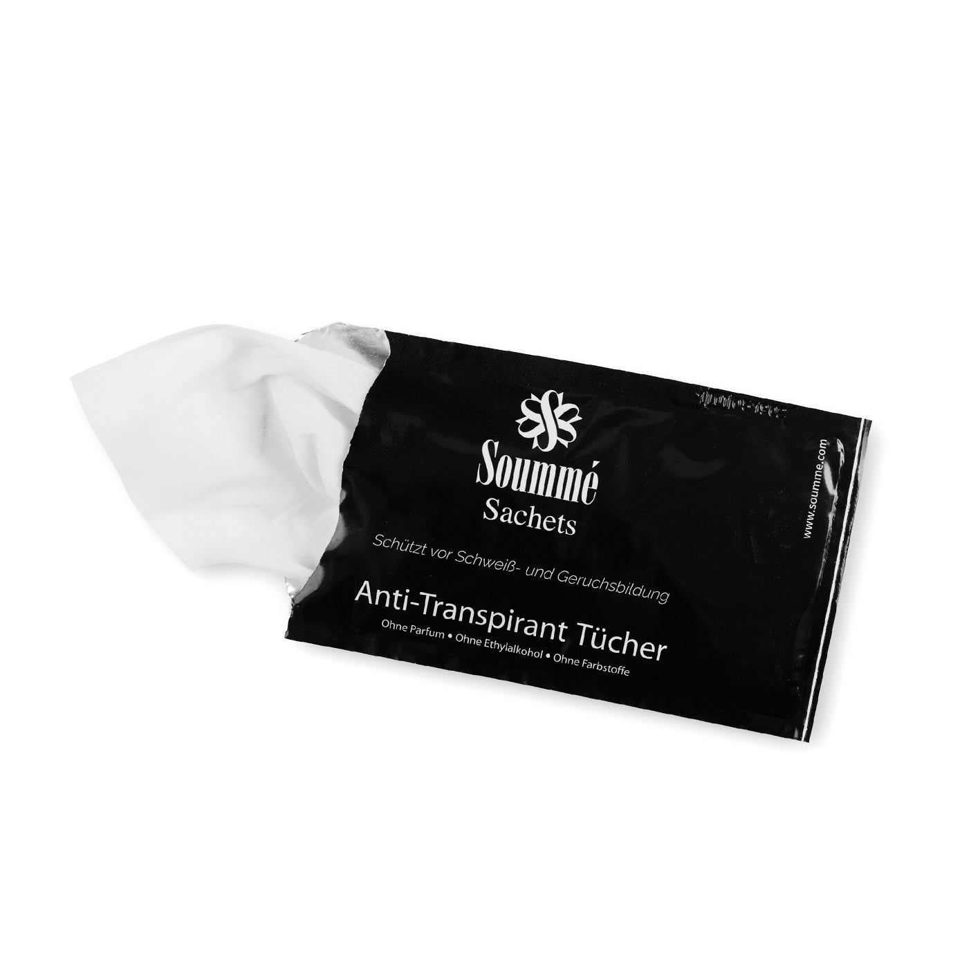 Ein geöffnetes Soummé Antitranspirant Sachet mit weißen Tüchern.