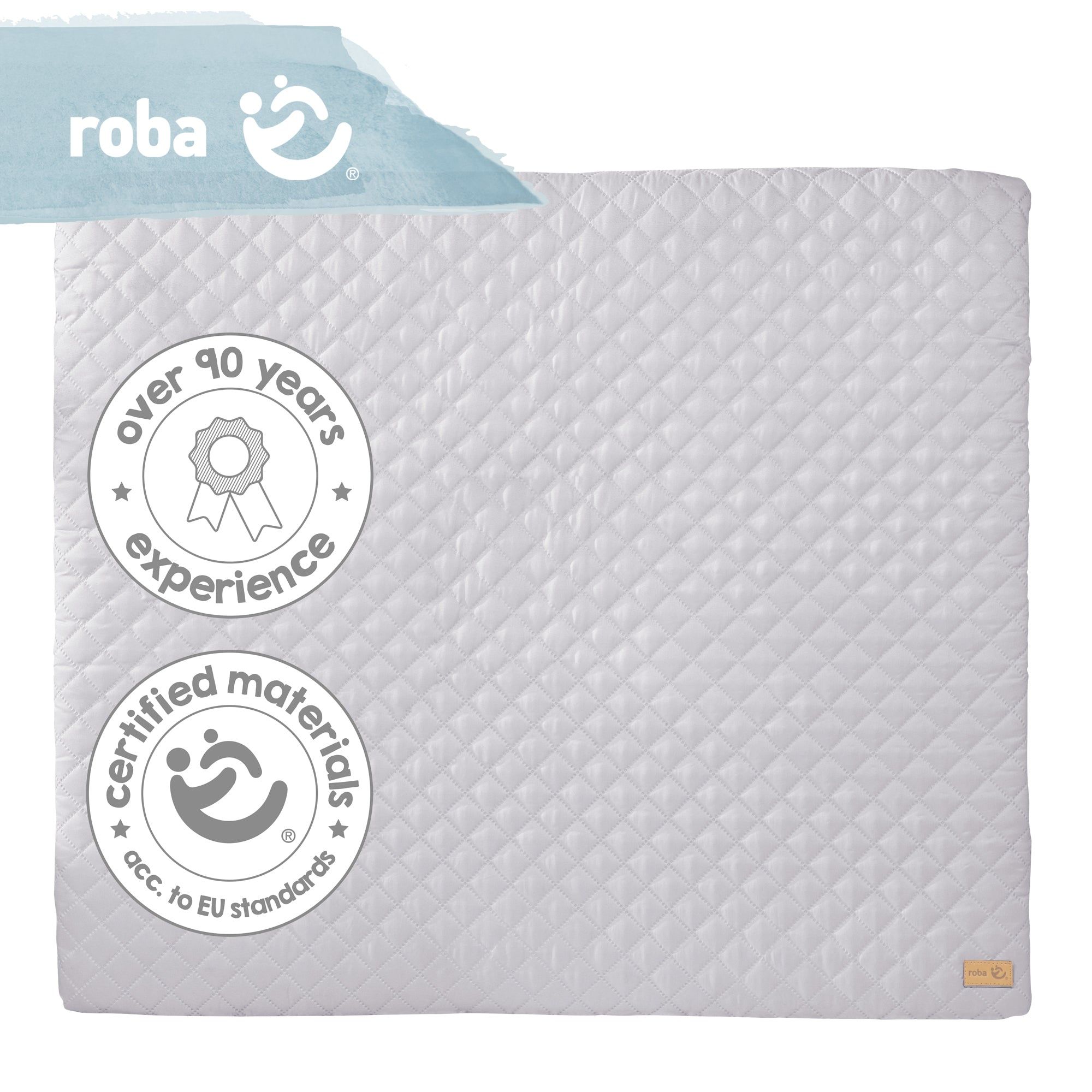 Graue Wickelauflage mit Steppmuster. Logo 'roba' oben links. Zertifizierungen und Logo-Etikett.