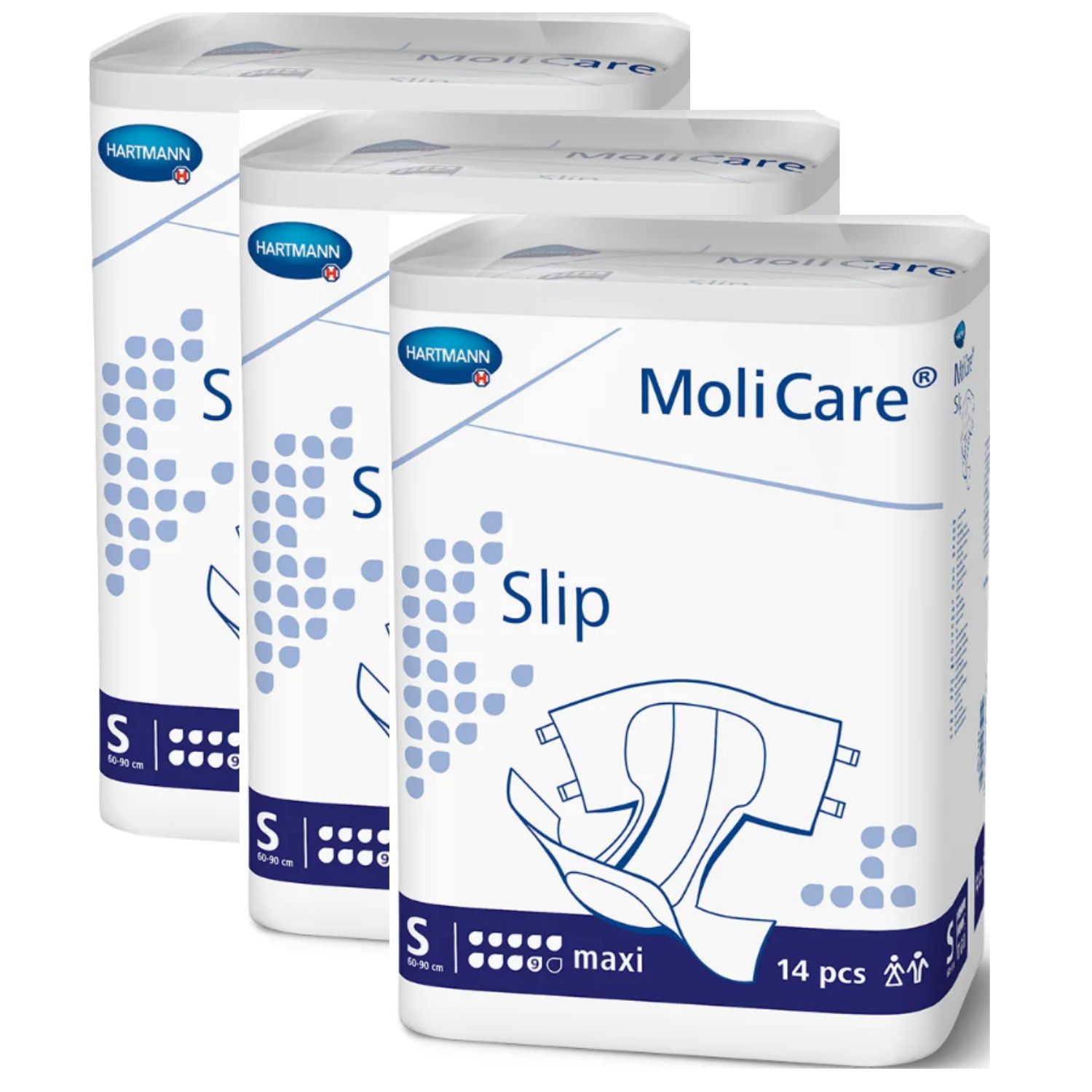 Drei Packungen MoliCare Slip. Verpackung mit Logo und Produktbezeichnung. Größe S, maxi. 14 Stück pro Packung.