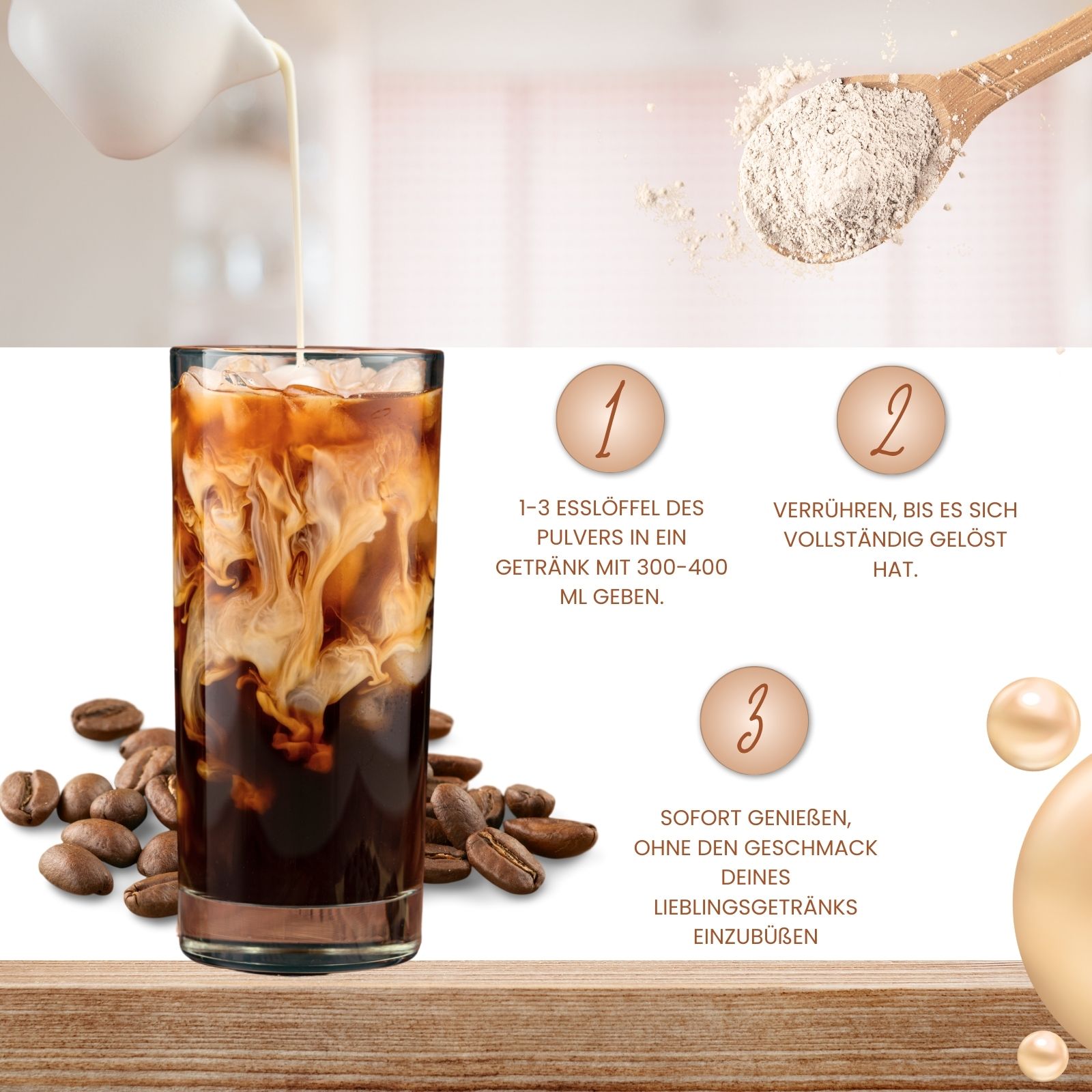 Glas mit Kaffee und Milch. Anweisungen: 1-3 Löffel Pulver in Getränk geben, verrühren, genießen. Kaffeebohnen.