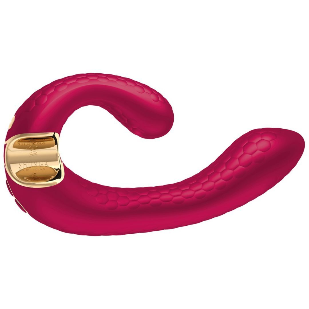 Rosa Vibrator mit goldfarbenem Detail. Strukturierte Oberfläche. Geformt für äußere und innere Stimulation.