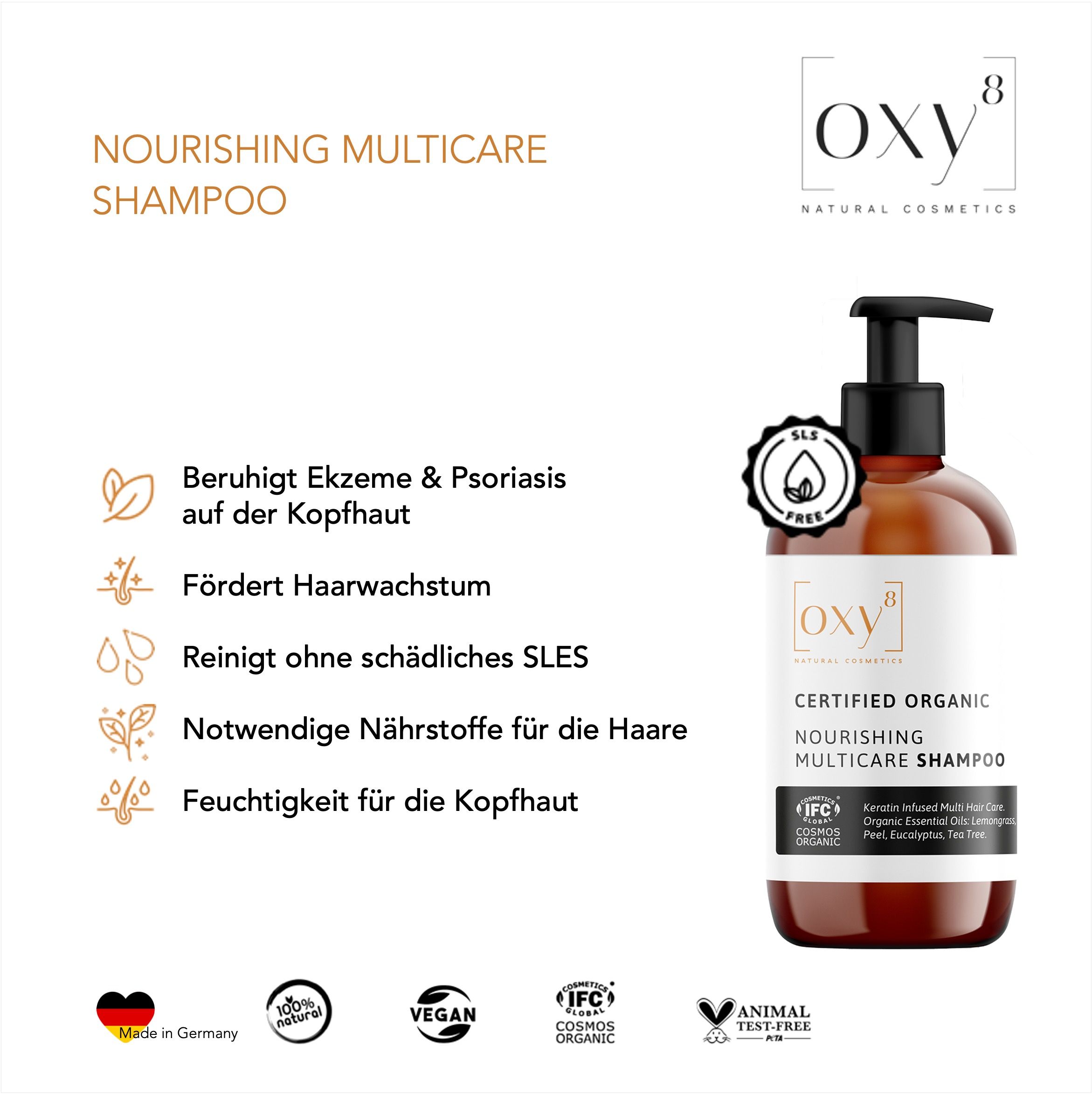 oxy8 Naturkosmetik NOURISHING MULTICARE SHAMPOO - Für glänzendes Haar. Gegen Spliss und Schuppen.