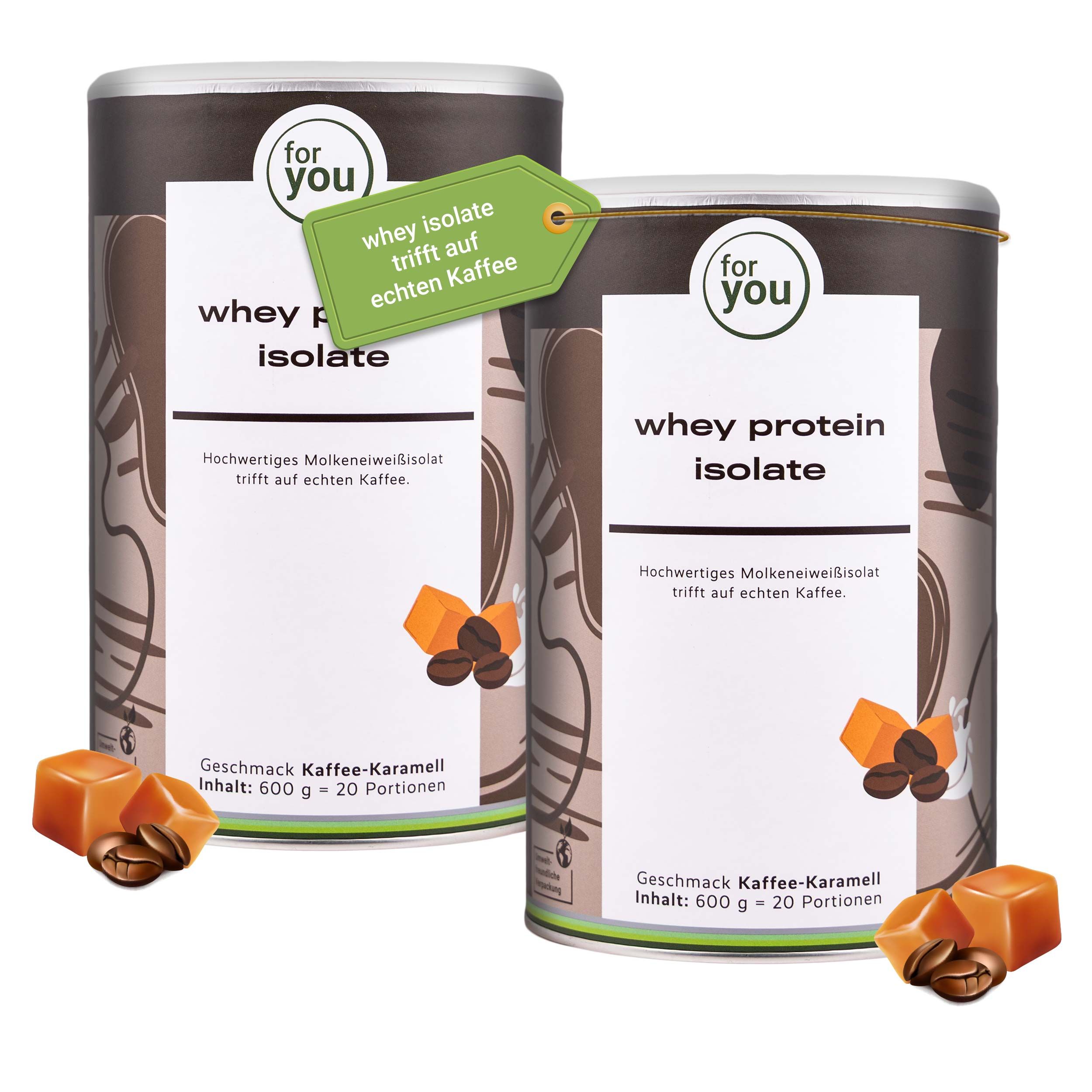 Zwei Dosen Whey Protein Isolate. Text: Geschmack Kaffee-Karamell, 600g, 20 Portionen.