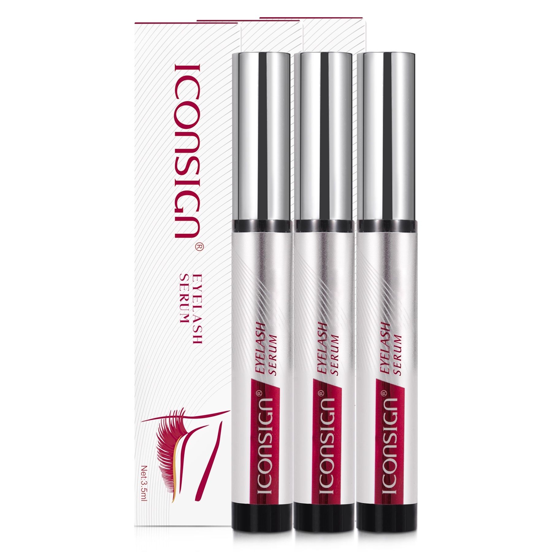 Drei Serumflaschen und Verpackung. Aufschrift: Iconsign Eyelash Serum.