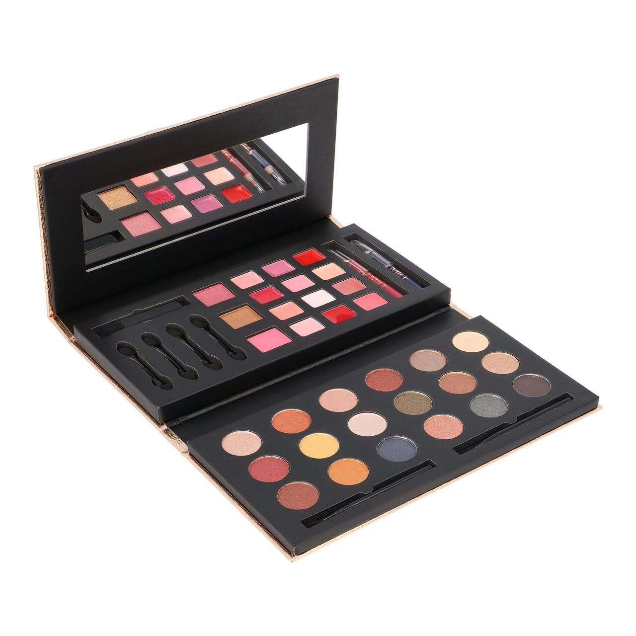 Make-up Set Glam To Go. Enthält Lidschatten, Lippenstifte, Spiegel und Applikatoren. Marke: ZMILE Cosmetics. Geöffnet, Blick von oben.
