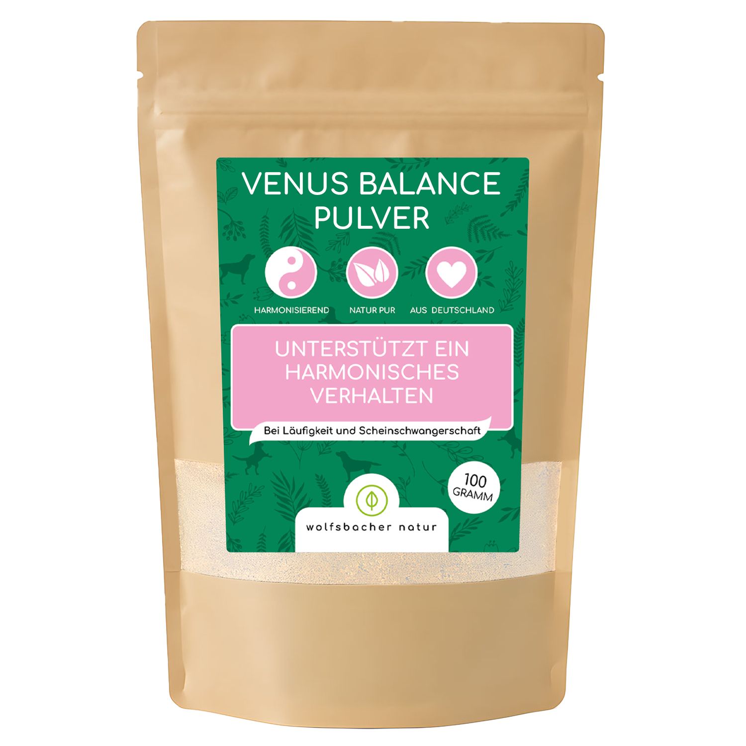 Beutel mit Pulver. Aufschrift: Venus Balance Pulver, unterstützt ein harmonisches Verhalten. 100 Gramm.