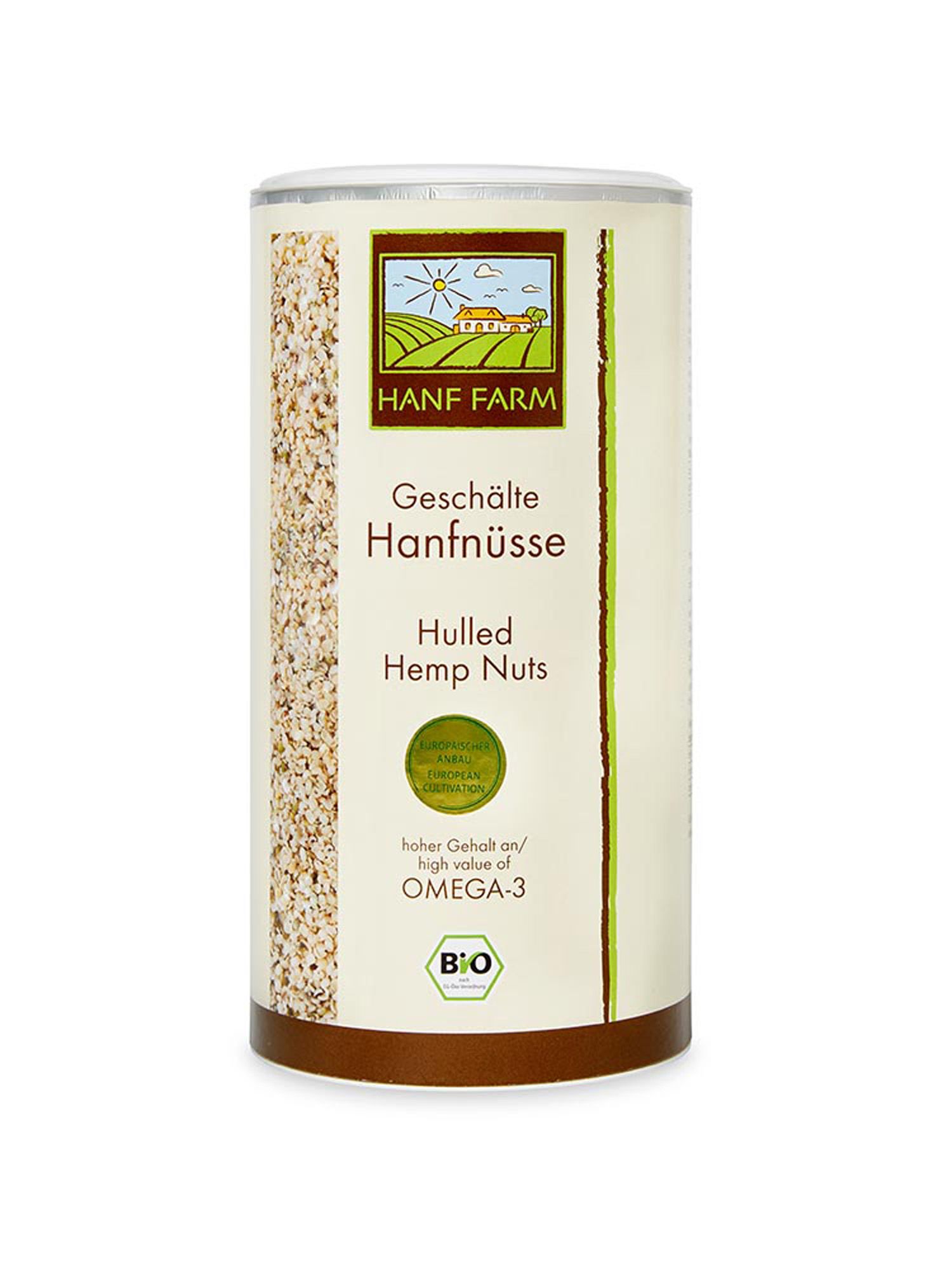 Zylindrische Dose mit geschälten Hanfnüssen. Aufschrift: HANF FARM, Geschälte Hanfnüsse, Hulled Hemp Nuts, hoher Omega-3-Gehalt. Bio-Siegel.