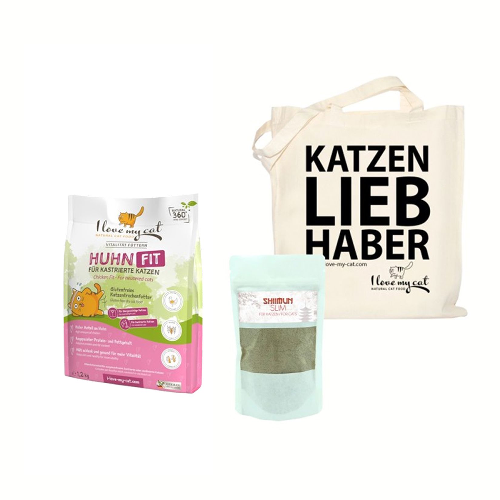 Trockenfutter, Tragetasche mit Text, Kräuterbeutel. Aufschrift: Katzenliebhaber. Marke: I love my cat.
