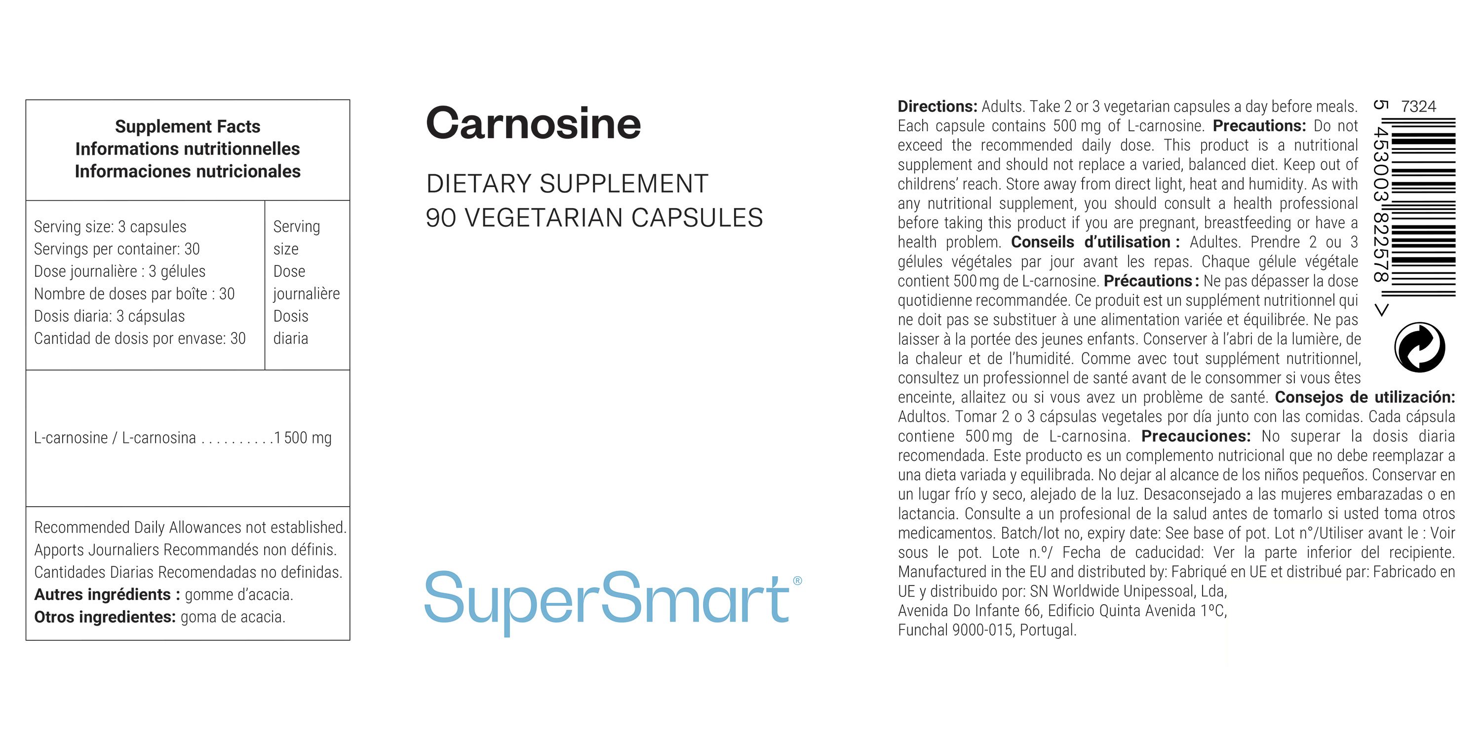 Etikett mit Informationen zu Carnosin. Enthält Nährwertangaben, Dosierungsempfehlungen und Zutaten. Marke: SuperSmart.