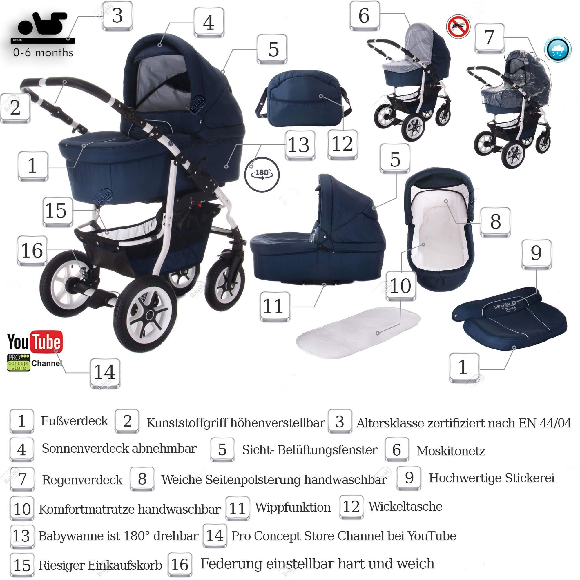 Bebebi Bellami 3 in 1 Kinderwagen Set mit Original Maxi Cosi, Luft Bellablue