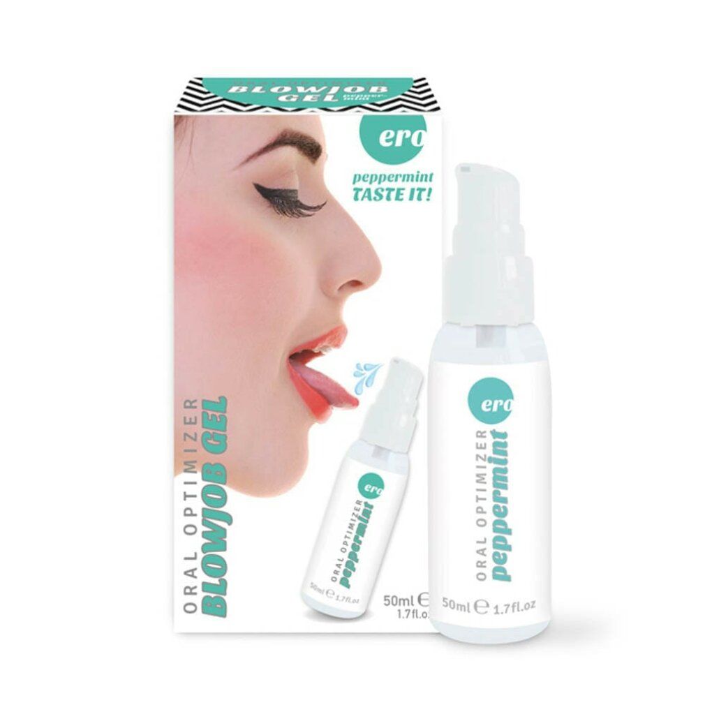 Produktverpackung mit Produkt und Frau. Aufschrift: Oral Optimizer Blowjob Gel Peppermint. Flasche mit Sprühkopf.