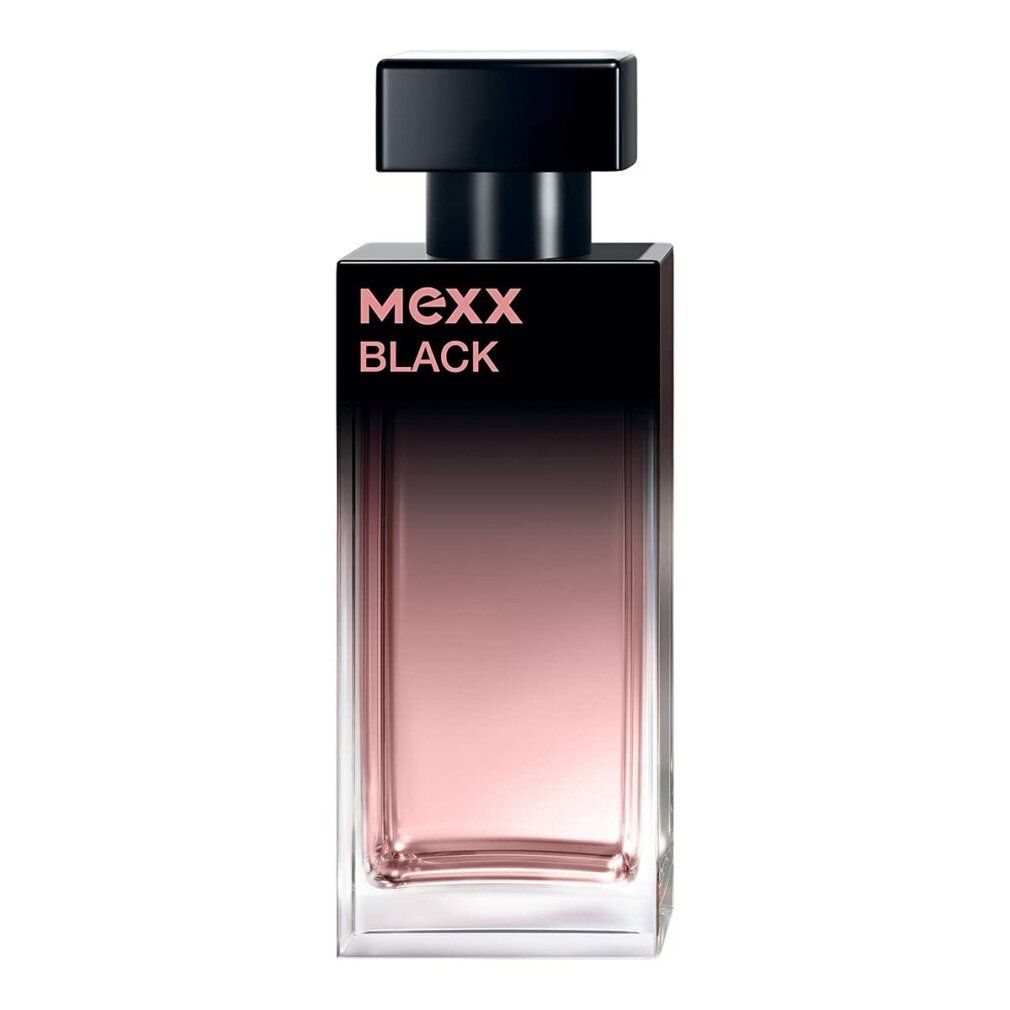 Flakon von Mexx Black Woman Eau de Toilette. Schwarzer Deckel, rechteckiger Flakon mit rosa Farbverlauf. Produktbezeichnung in Rosa.