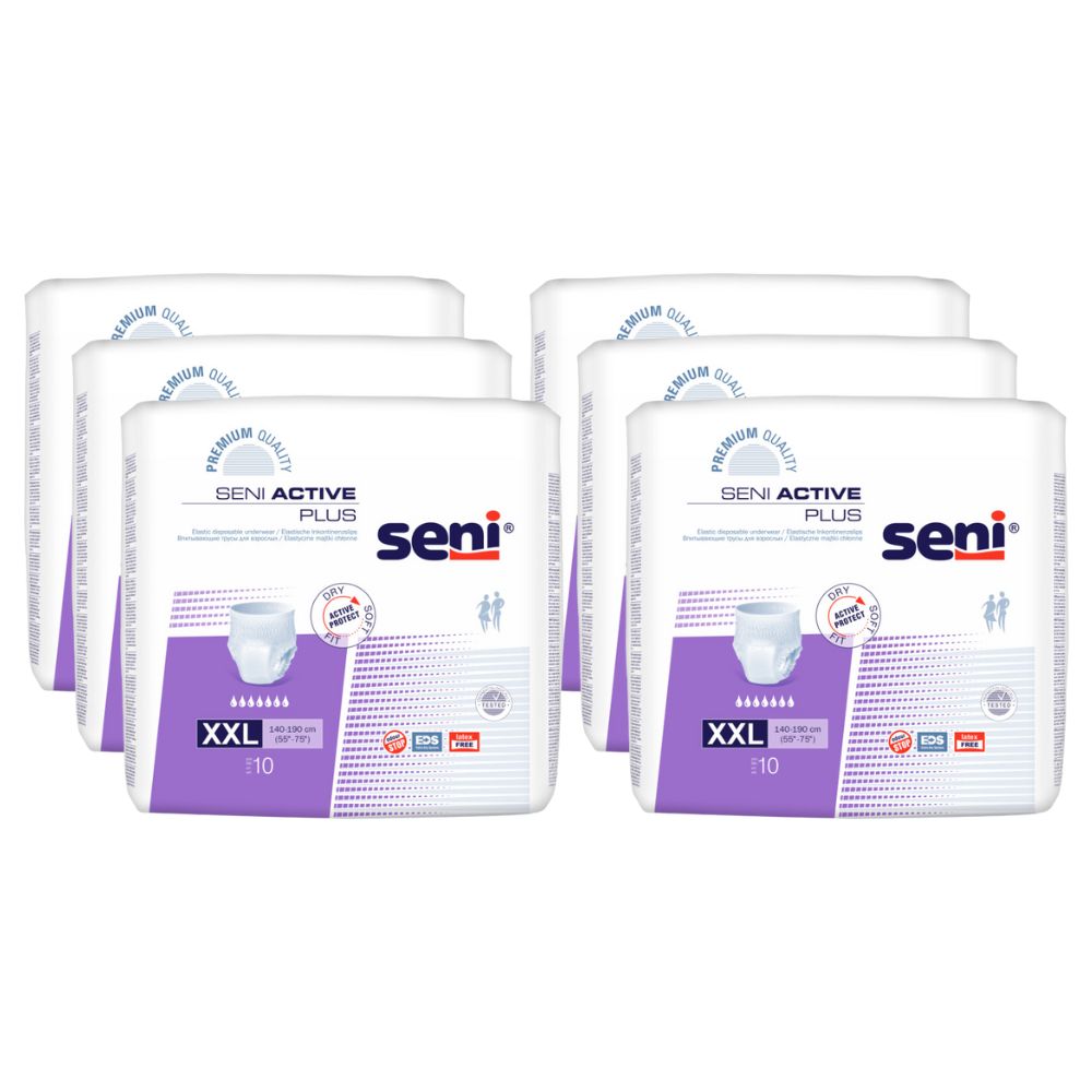 Mehrere Packungen Seni Active Plus. Weiße Verpackung mit lila Akzenten. XXL-Größe, 10 Stück.
