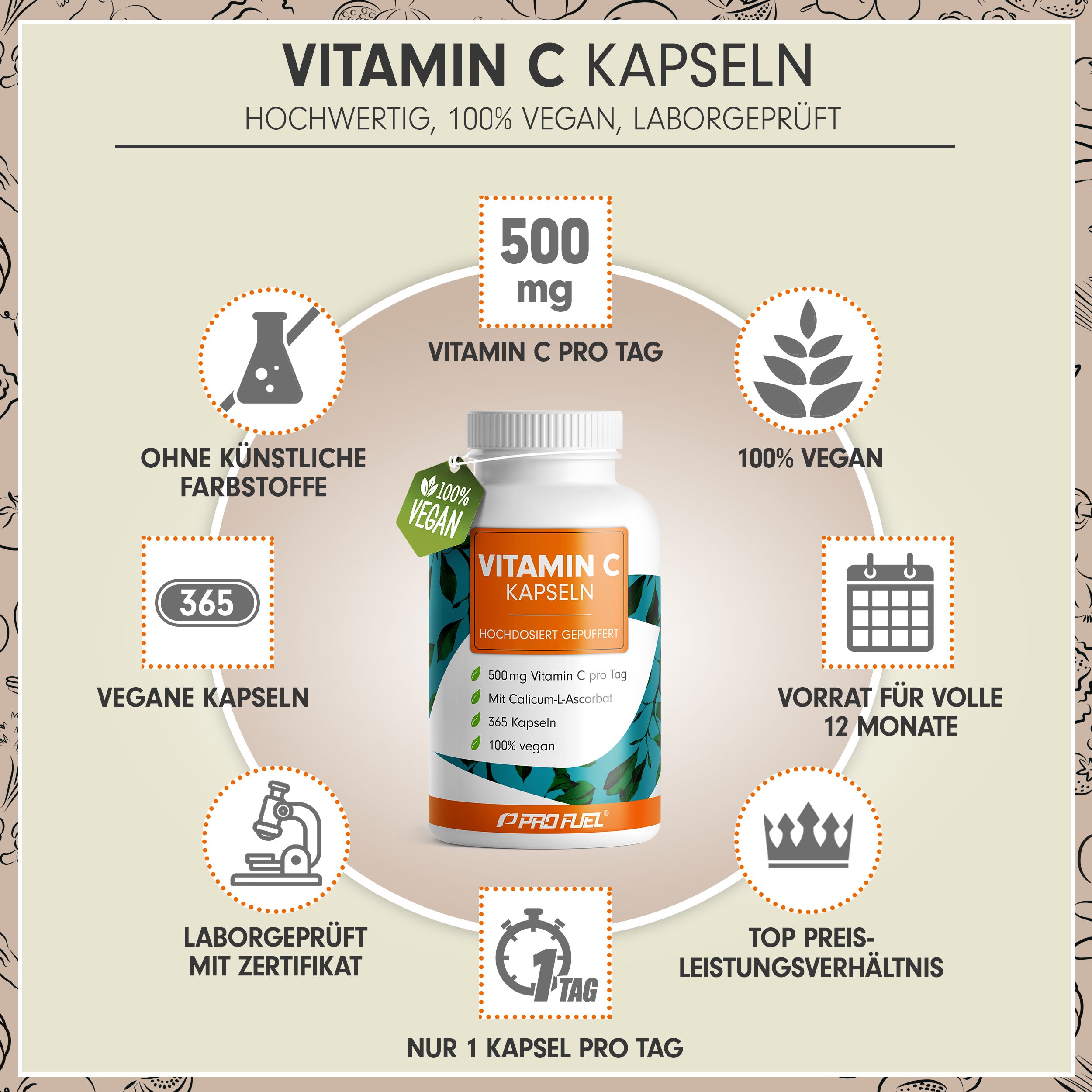 ProFuel - Vitamin C Kapseln 365x | 500 mg gepuffertes Vit. C als Calcium-Ascorbat | Jahresvorrat