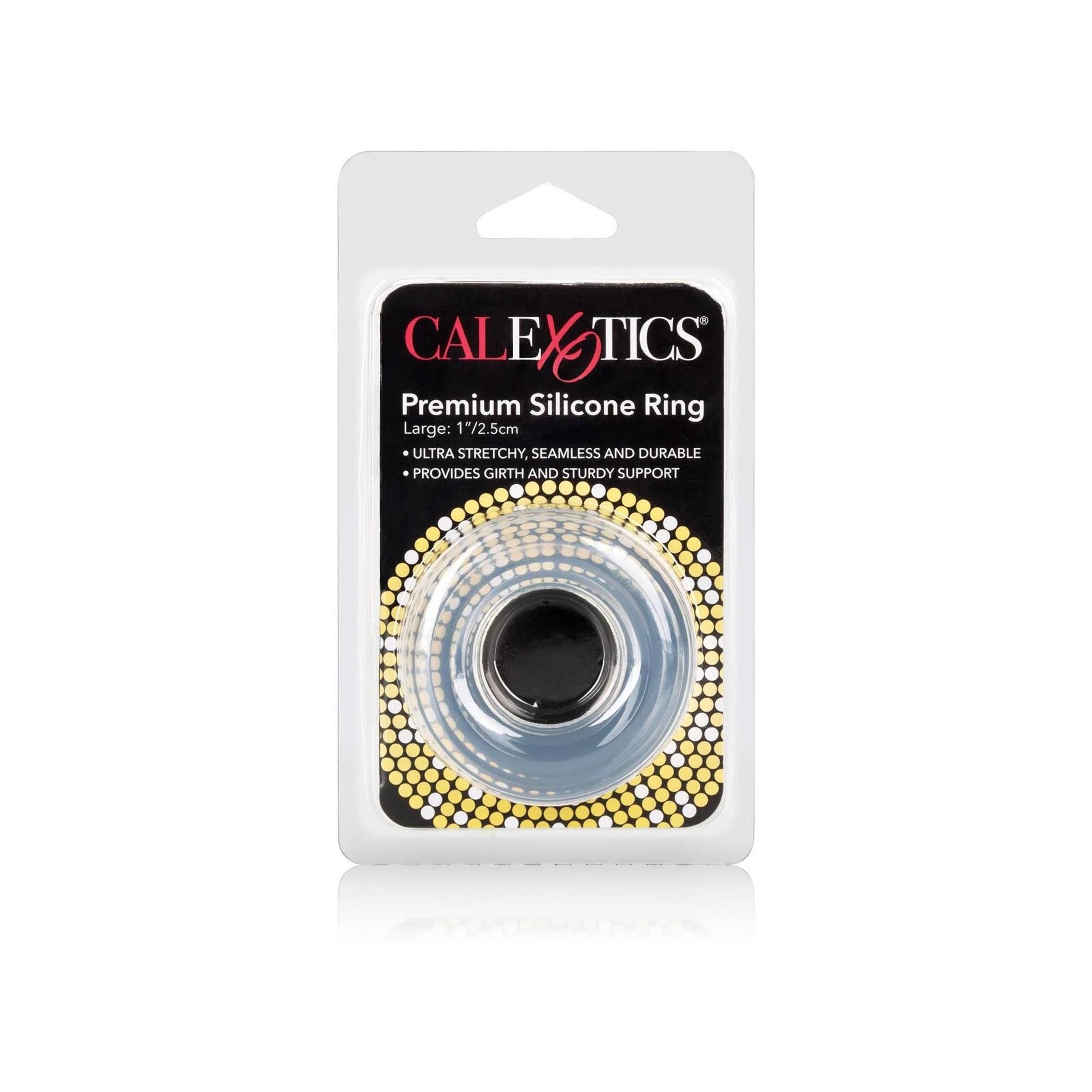 Transparenter Silikonring in Blisterverpackung. Aufschrift: CalExotics, Premium Silicone Ring. Größe: 1"/2.5cm.
