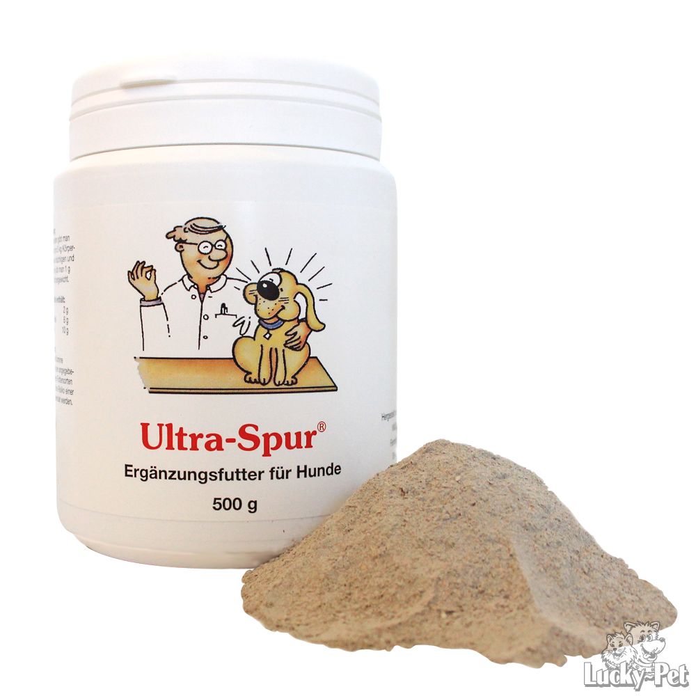 Weiße Dose mit Deckel, Produktname und Illustration. Daneben ein Haufen Pulver. Text: Ultra-Spur Ergänzungsfutter für Hunde 500 g.