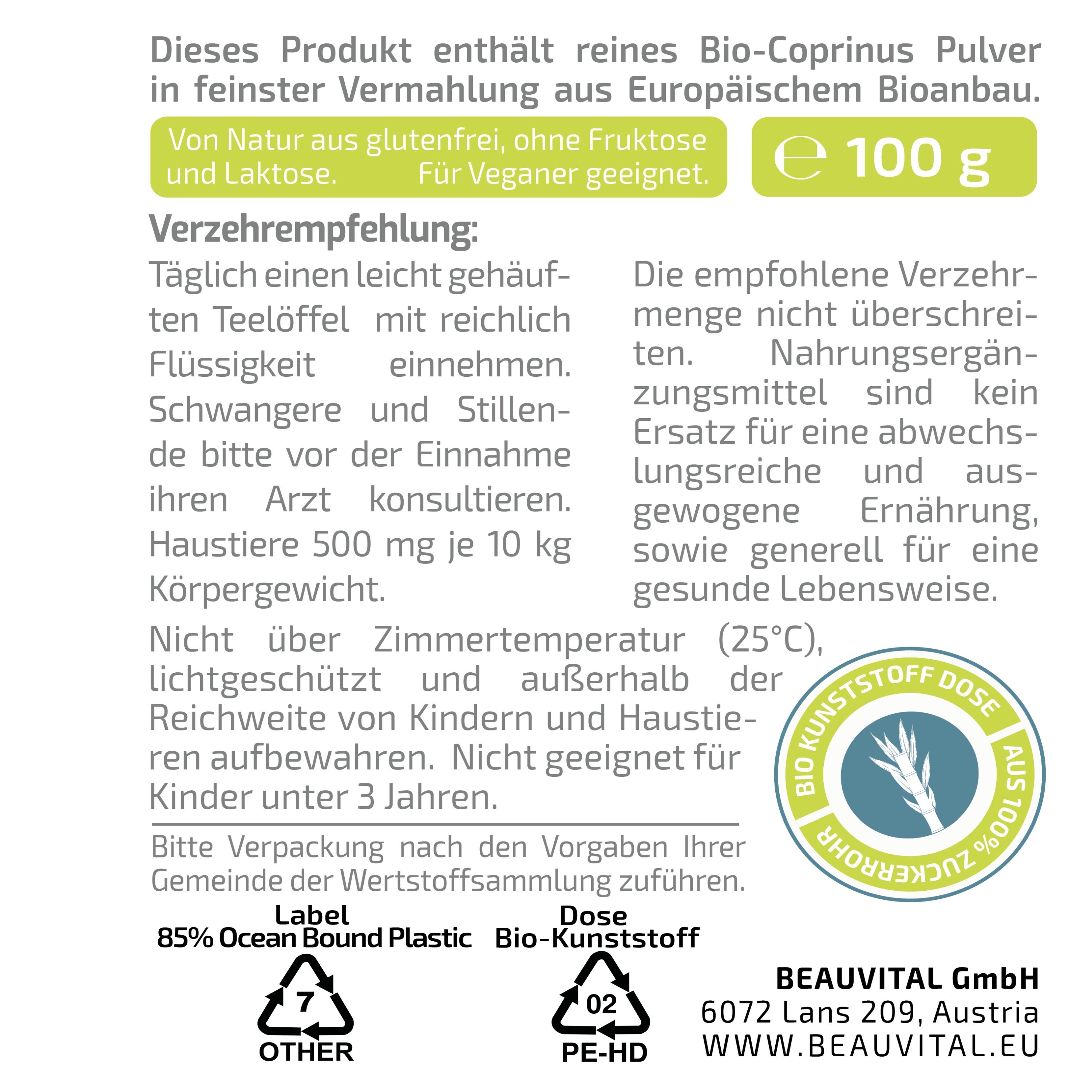 BEAUVITAL® Pure Bio Schopftintling Pulver (Coprinus comatus) aus EU-Anbau