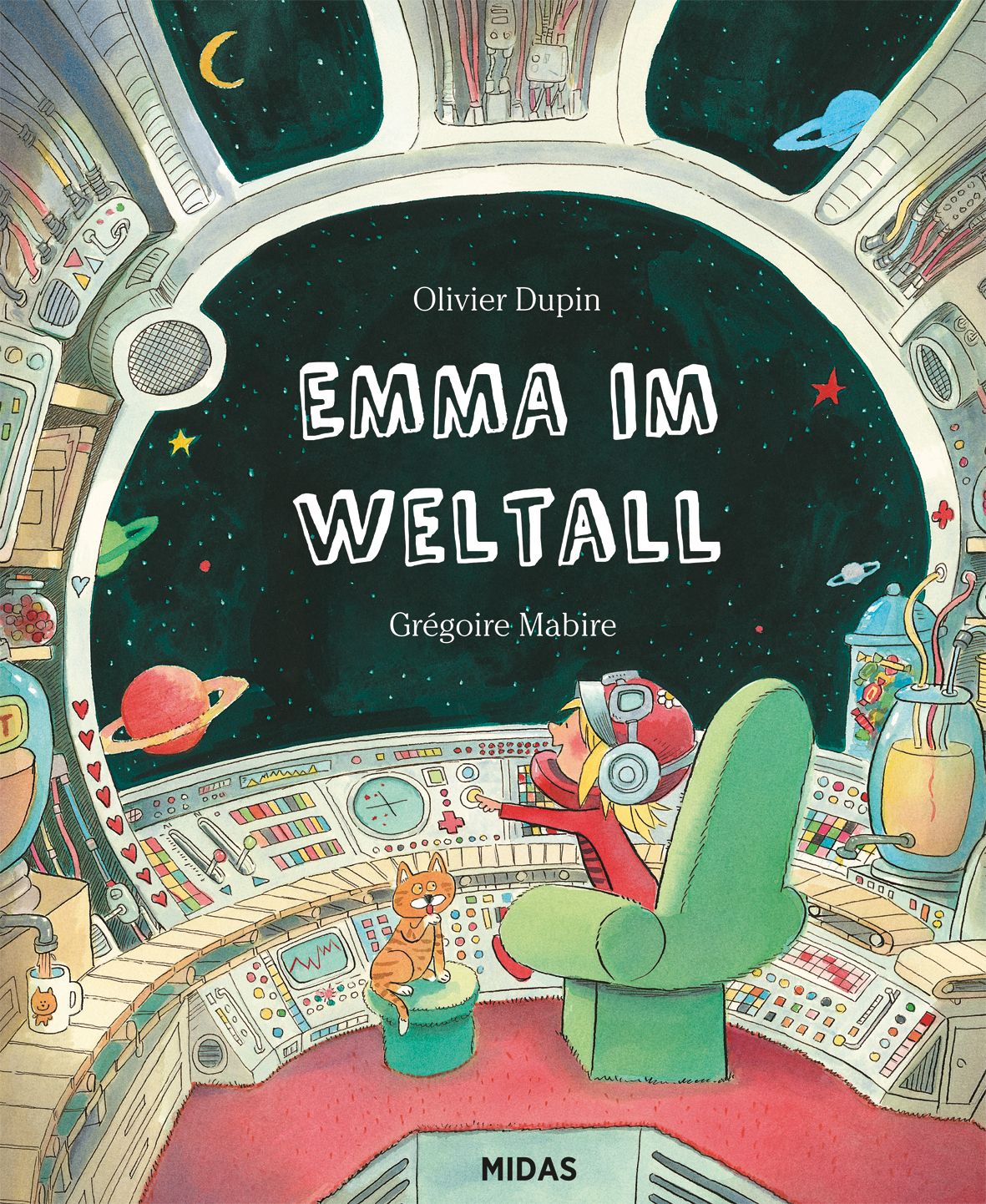 Buchcover: "Emma im Weltall". Titel in Großbuchstaben. Illustration: Kind im Raumschiff, Katze, Sterne, Planeten. Autoren: Olivier Dupin, Grégoire Mabire.