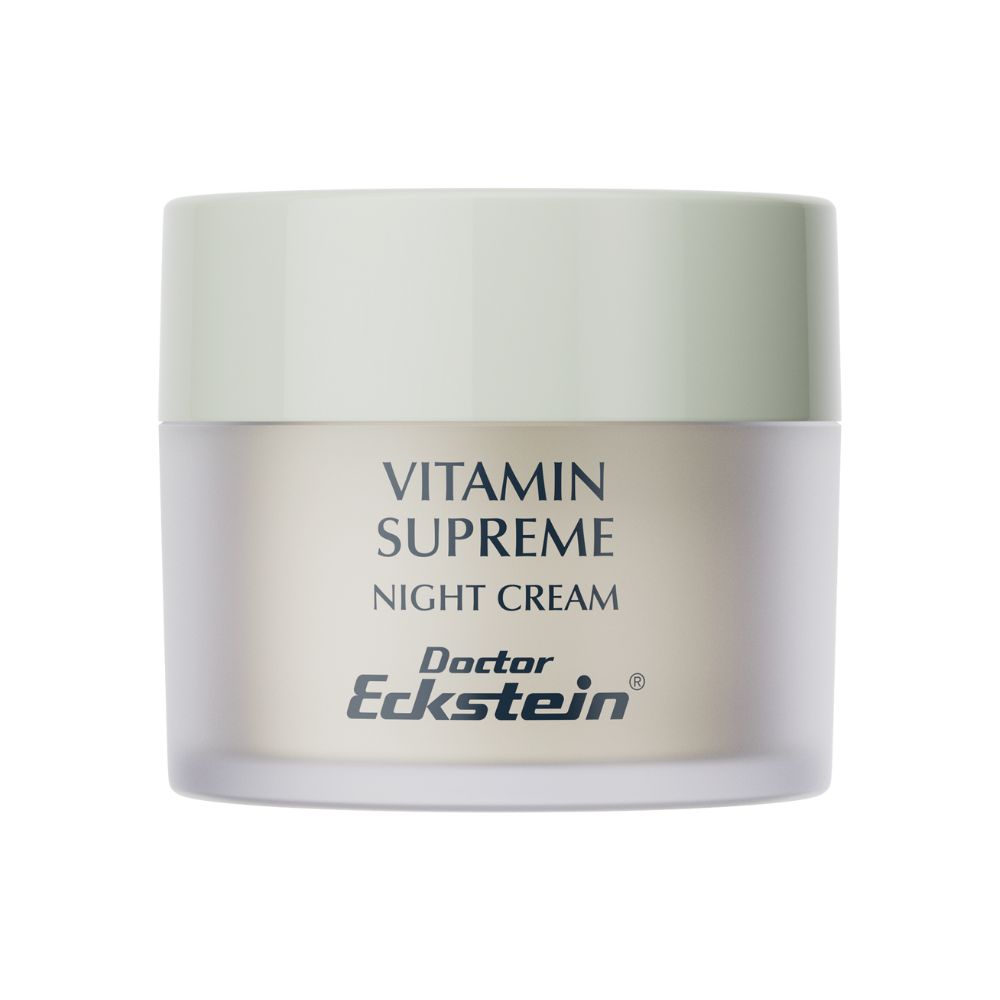 Creme-Tiegel mit Deckel. Aufschrift: Vitamin Supreme Night Cream. Marke: Doctor Eckstein.