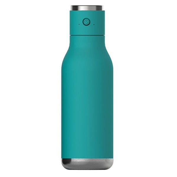 Türkisgrüne Trinkflasche mit silbernen Akzenten. Oben ein Knopf mit Symbol. Zylindrische Form.
