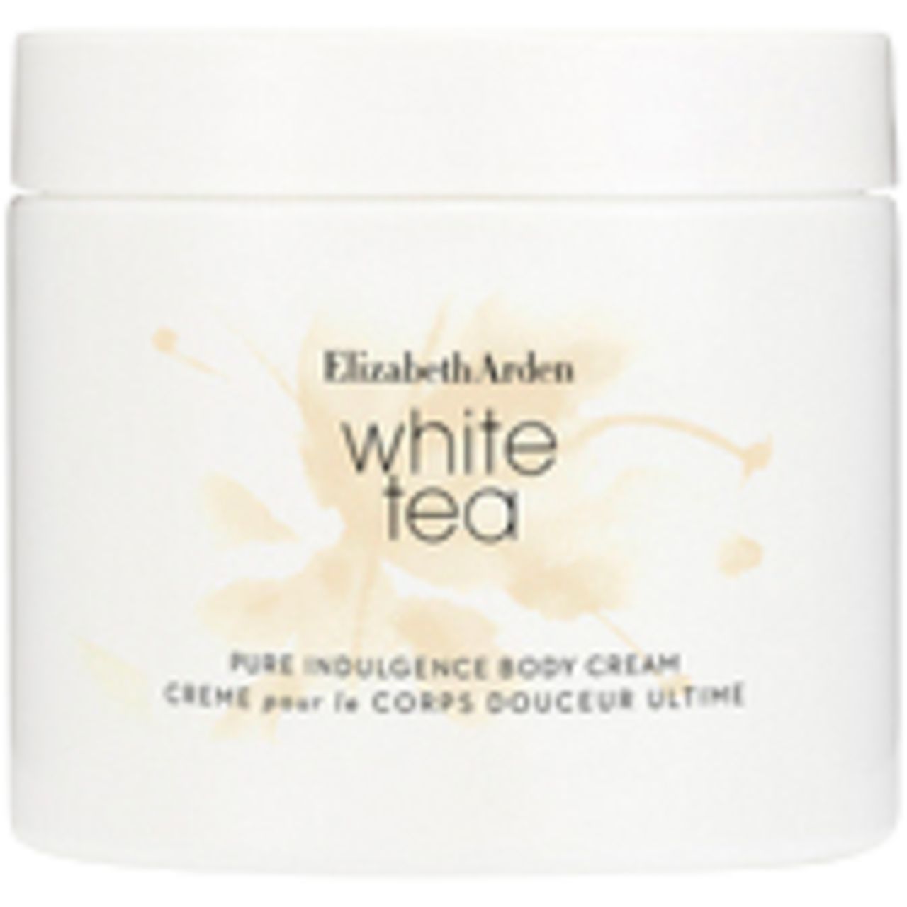 Weißer Tiegel mit Deckel. Aufschrift: Elizabeth Arden White Tea Pure Indulgence Body Cream. Creme pour le corps douceur ultime.