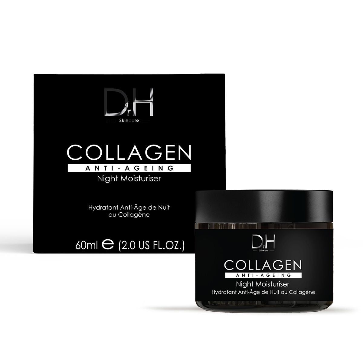 Schwarzer Tiegel und Verpackung mit "COLLAGEN ANTI-AGEING Night Moisturiser". Text: "D.H. Skin care".