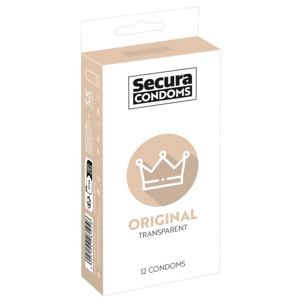 Verpackung von Secura *Original* Kondomen. Aufschrift: ORIGINAL TRANSPARENT, 12 Kondome. Kronen-Symbol.