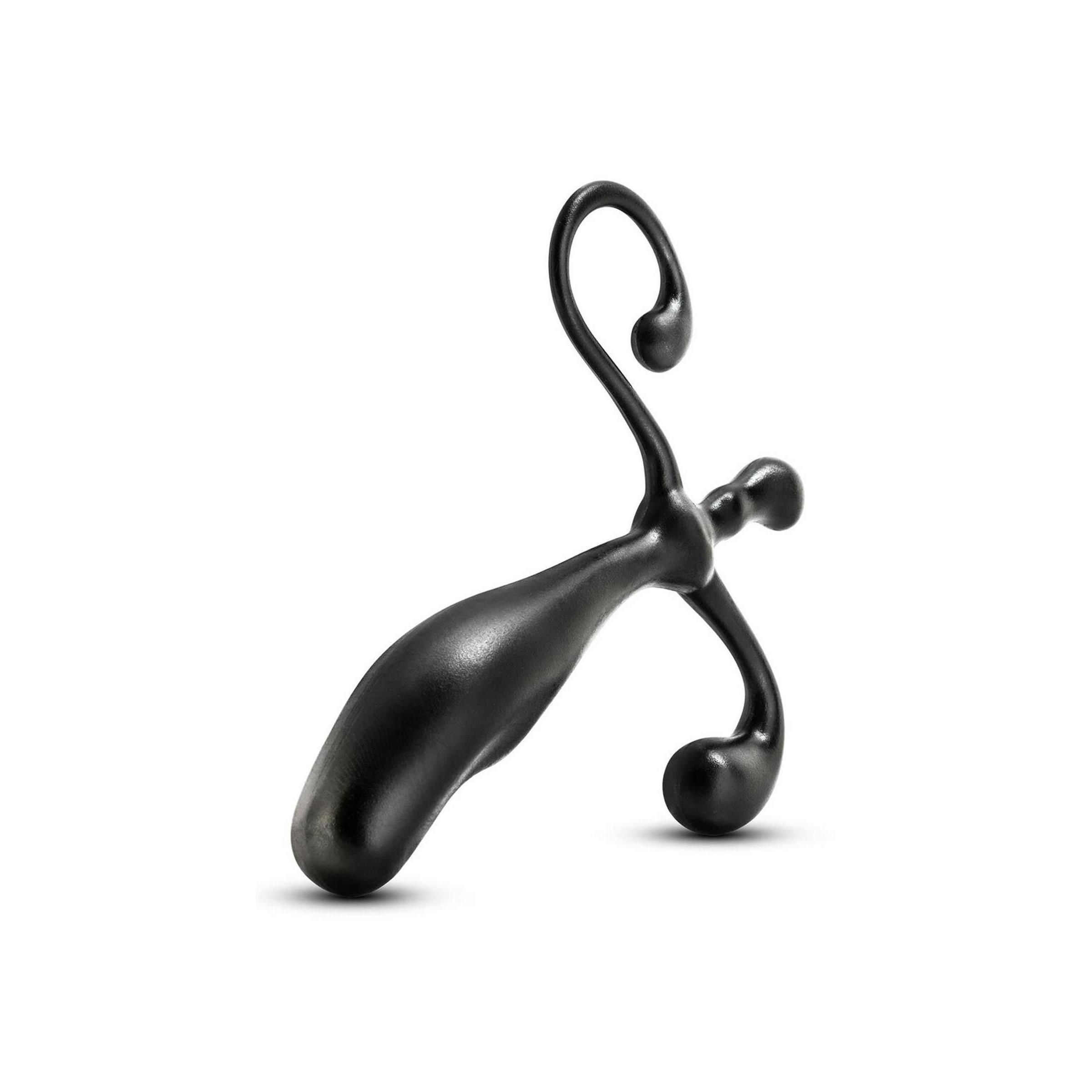 Schwarzer Prostata-Stimulator. Länglicher Schaft mit drei Ausläufern, einer mit einer Schlaufe. Glatte Oberfläche.