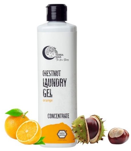 Weißes Waschgel-Konzentrat mit schwarzem Deckel. Aufschrift: Chestnut Laundry Gel Orange Concentrate. Mit Orange und Kastanie.