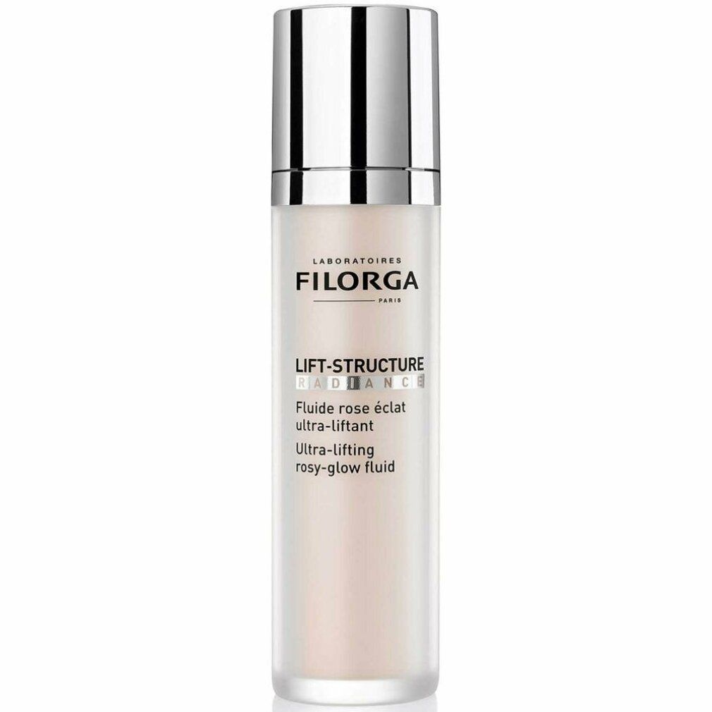 Produktflasche mit silbernem Deckel. Marke Filorga. Produktname: Lift-Structure Radiance. Rosiges, ultra-straffendes Fluid.
