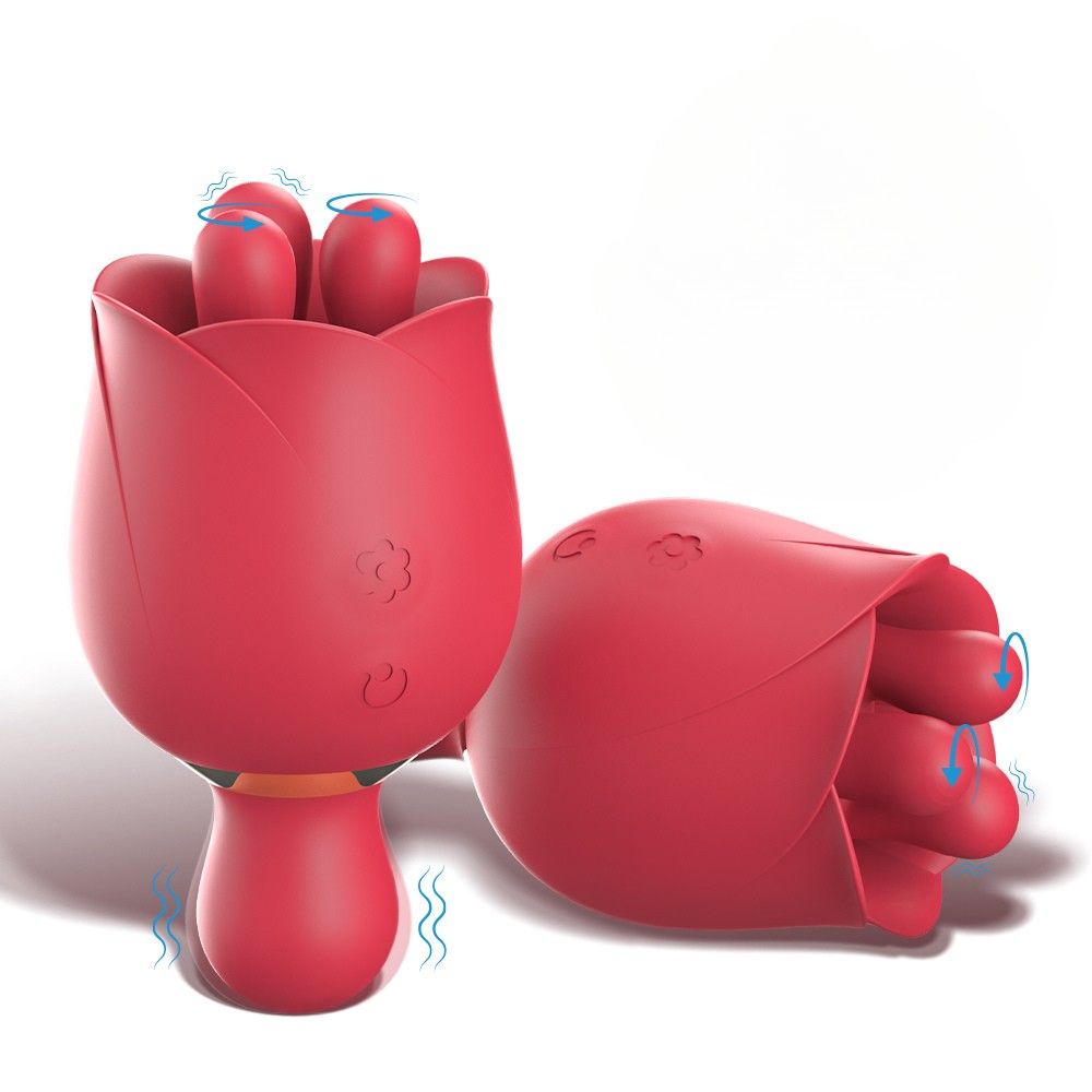 Zwei rote, blütenförmige Mini-Vibratoren. Rotation angedeutet. Auf weißem Hintergrund.