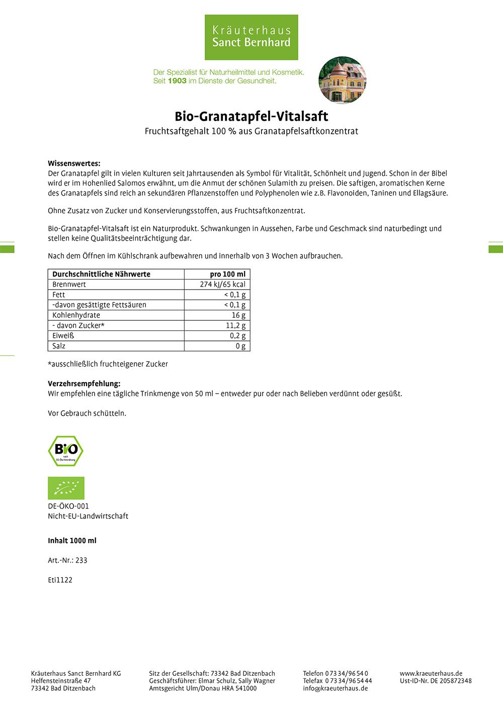 Etikett mit Informationen zum Bio-Granatapfel-Vitalsaft. Text, Nährwerttabelle, Bio-Siegel und Herstellerinformationen.