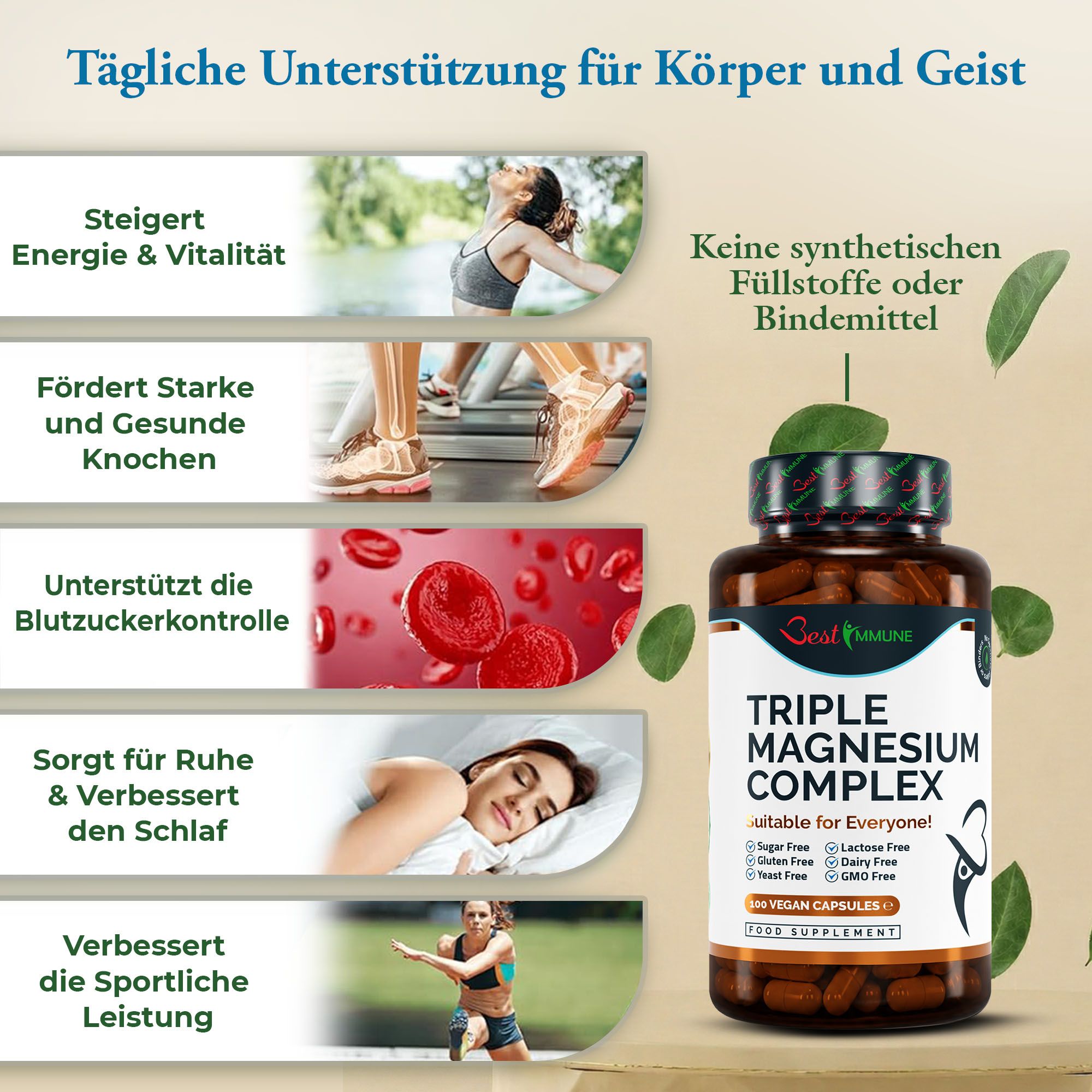 Flasche Triple Magnesium Complex und Grafiken zu Energie, Knochen, Blutzucker und Schlaf. Keine synthetischen Füllstoffe.